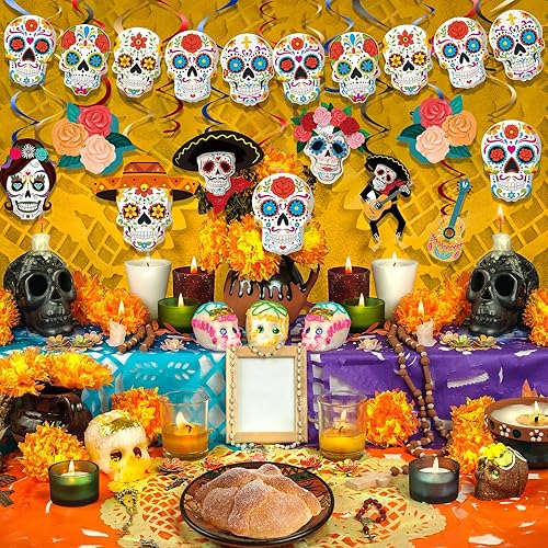 Miniatura 7 de 24 piezas de accesorios para cabina de fotos del Día de los Muertos, decoración colgante de fiesta de calavera para fiesta de decoración de