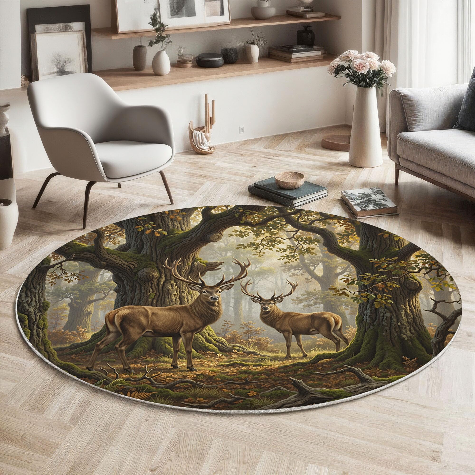 Paysage Animalier Forestier Tapis Rond Lavable 160 Cm | Tapis Intérieur Antidérapant, Soleil Cerfs Prairie Poil Ras Facile À Nettoyer Pour Entrée Cuisine, Vert Olive