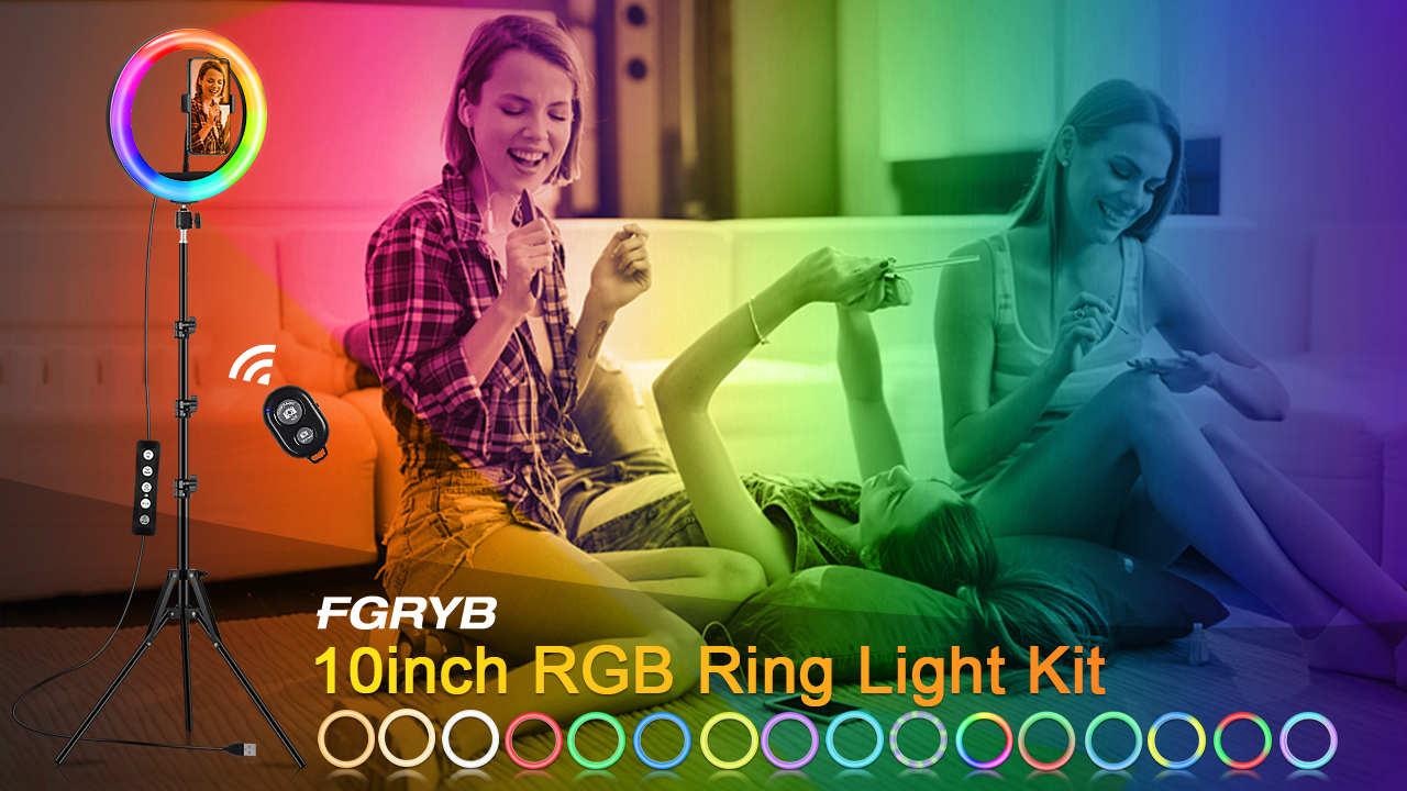 10-in RGB Ring Light, RGB Flash Ring Light with 2 Tripod Stand and Cell Phone Holder, Dimmable Selfie Light for YouTube Video Live Stream Makeup