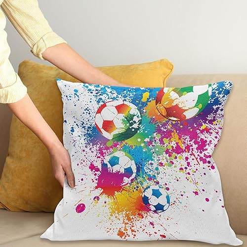 Miniatura 2 de Ambesonne Funda de cojín de fútbol, salpicaduras de colores en todas las pelotas de fútbol puntuación del campeonato de la Copa del Mundo Atlético,