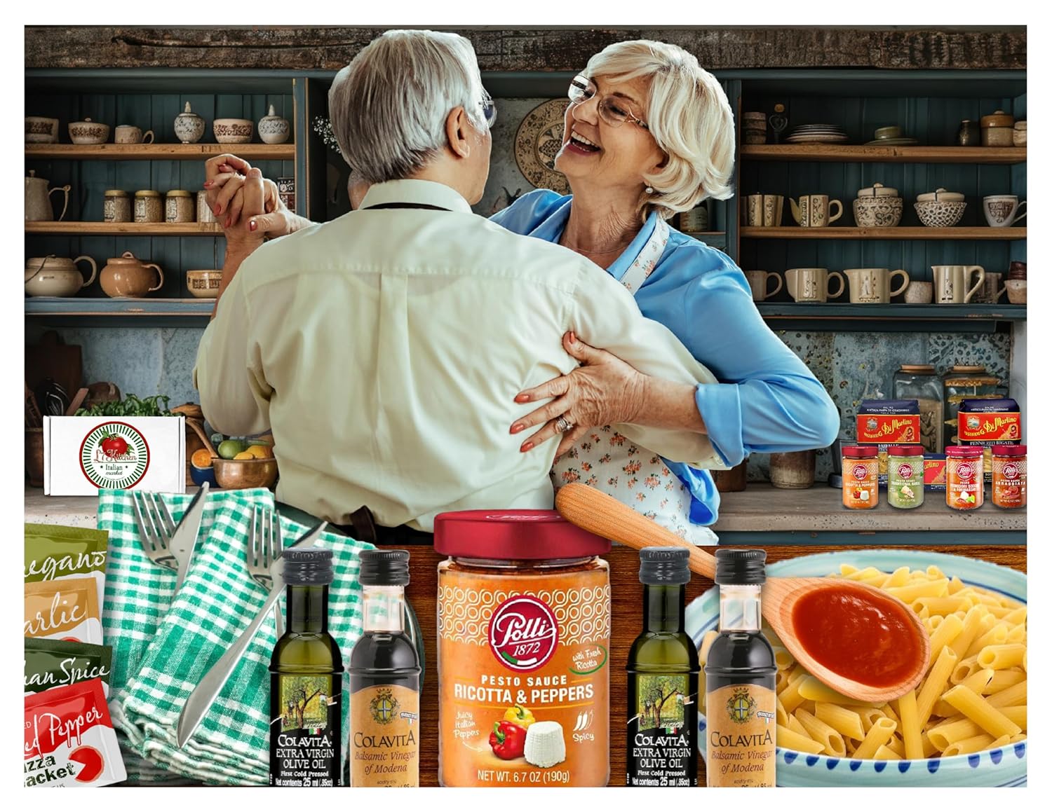 Imported Italian Dinner for Two Meal Kit - Basil Pesto, Ricotta & Peppers Pesto, Pasta, Seasonings and Sweets Gift Box
