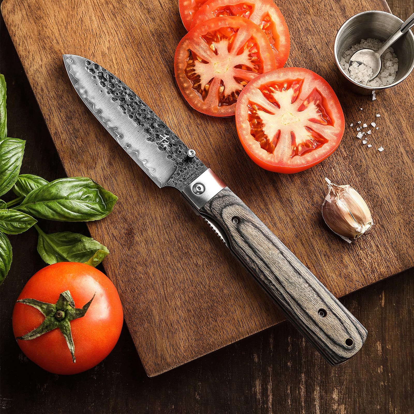 SENBON 440 Coltello da chef in acciaio inossidabile forgiato, affilato, giapponese stile camping pieghevole, tascabile, da viaggio, per frutta con manico in legno colorato