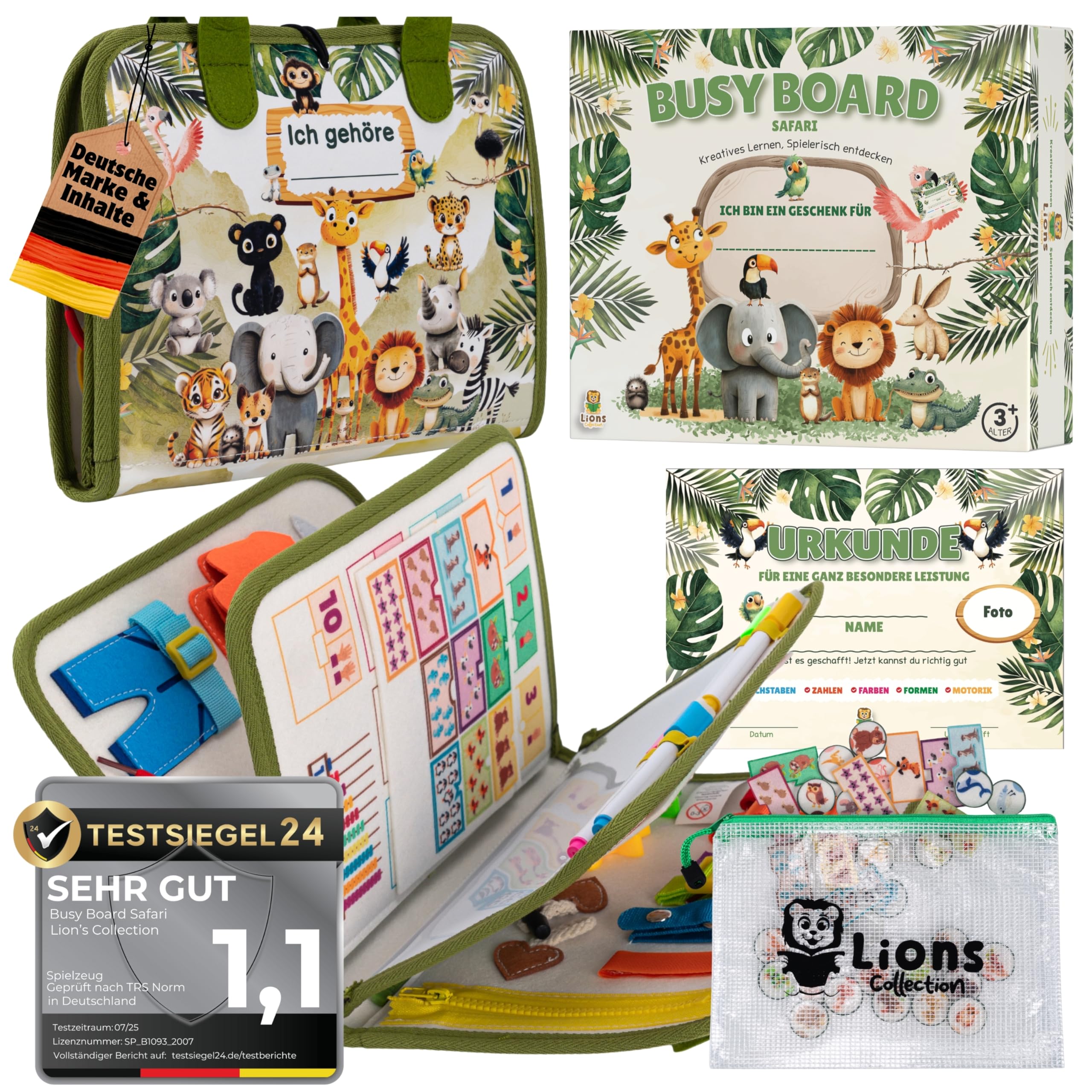 Lion's Collection® Busy Board Tedesco – Montessori Giocattoli a partire dai 3 anni per promuovere le capacità motorie e la creatività – Activity Board per bambini – Busy Book con 24 attività