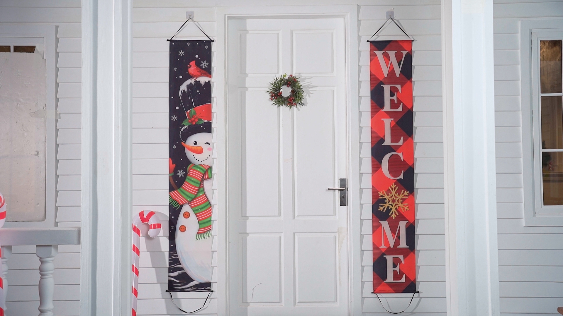 Bannière Joyeux Noël 180x110 Cm - Décoration Murale Toile Bonhomme De Neige, Pour Intérieur Et Extérieur