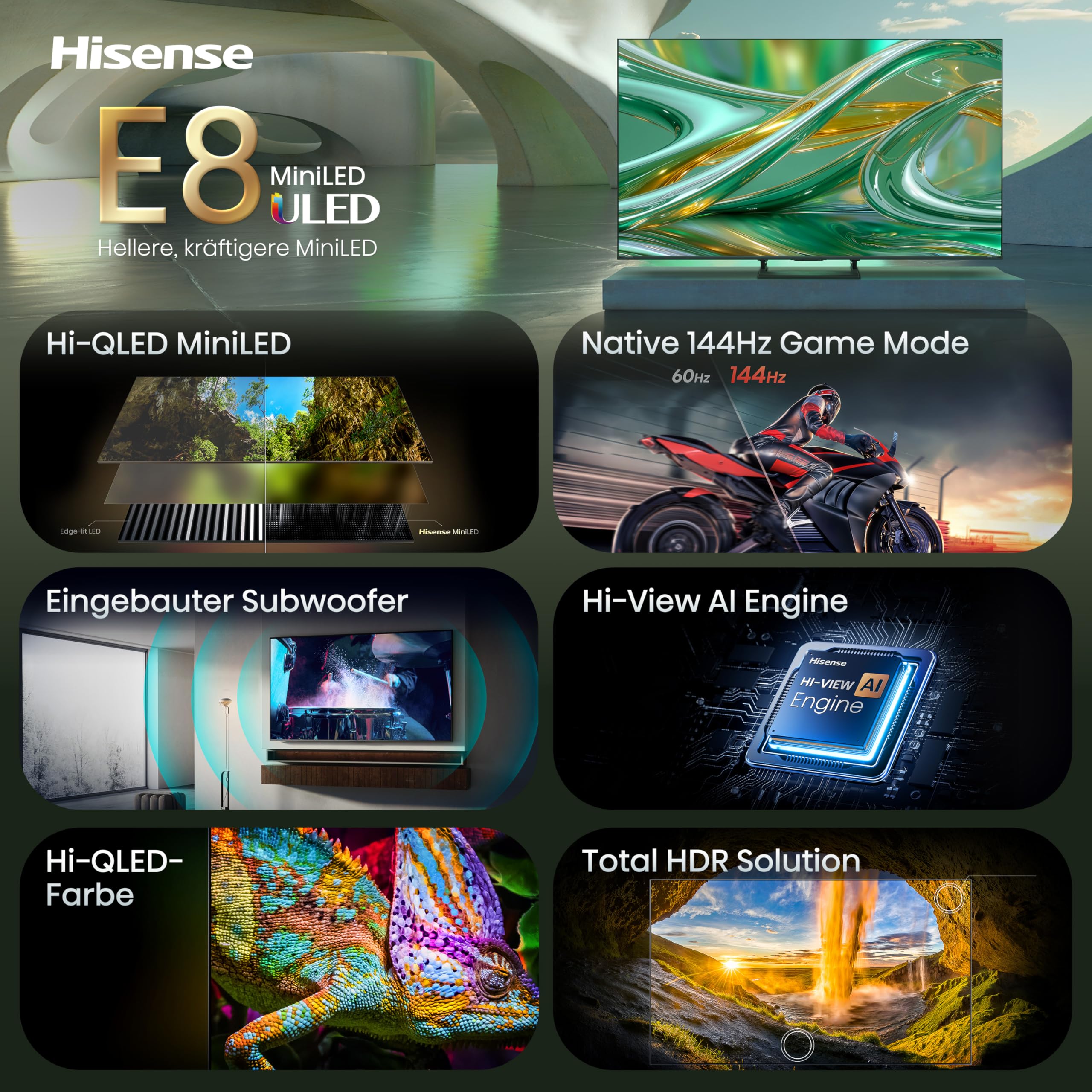 Hisense 55E8DS Fernseher 55 Zoll, 4K UHD, Hi-QLED Mini LED, Smart TV, 144Hz, Hi-View AI Engine, Dolby Vision.Atmos, Unibody Slim, FreeSync Premium, AI-Lichtsensor, Game Bar, Tuned by Devialet