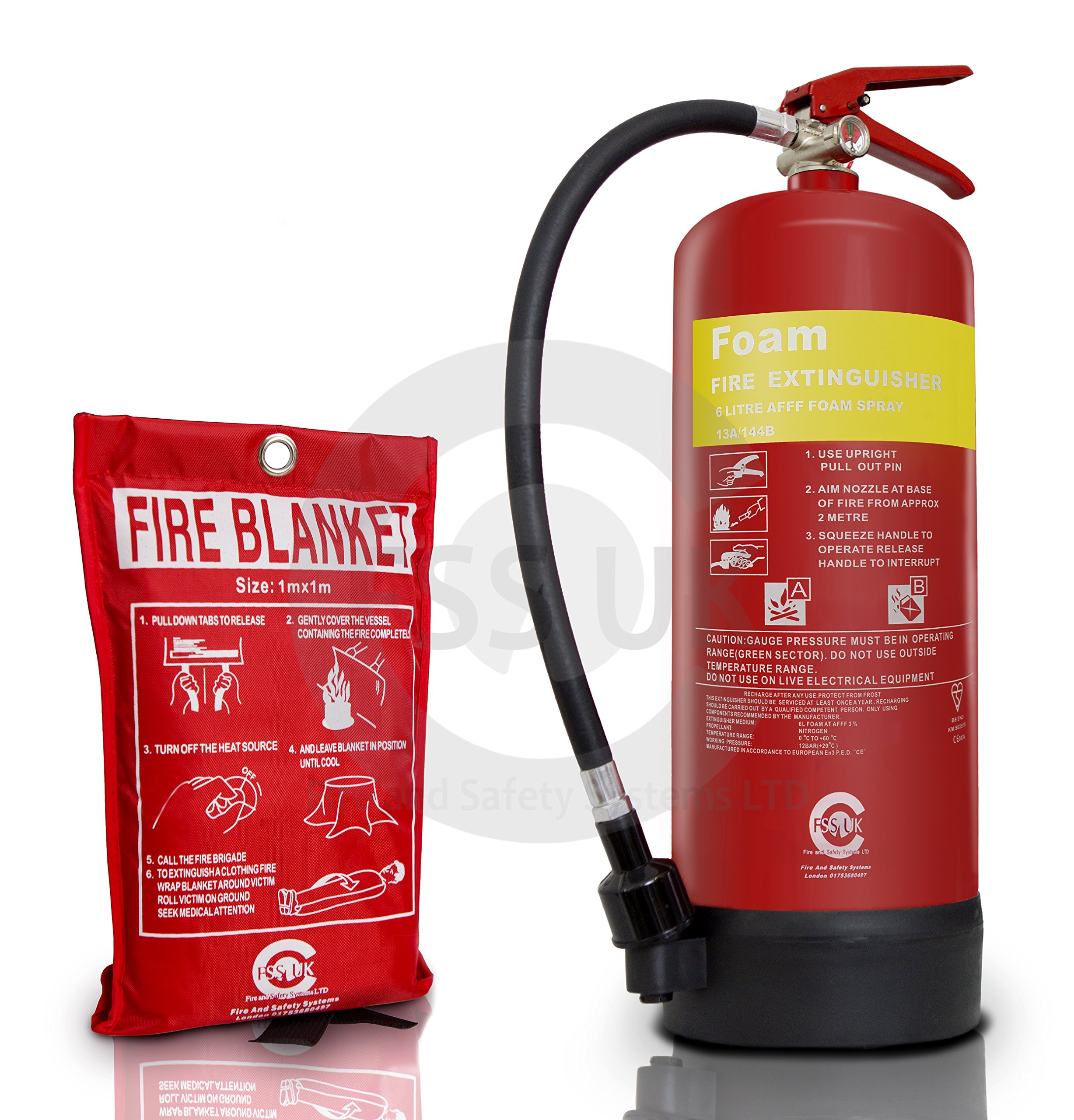 PREMIUM FSS UK 6 LITRE FOAM FIRE EXTINGUISHER WITH FIRE BLANKET. BSI Kitemarked extinguisher and CE marked FIRE BLANKET. IDEAL FOR HOMES KITCHEN WORKPLACE OFFICES WORKSHOPS WAREHOUSES GARAGES HOTELS RESTAURANTS