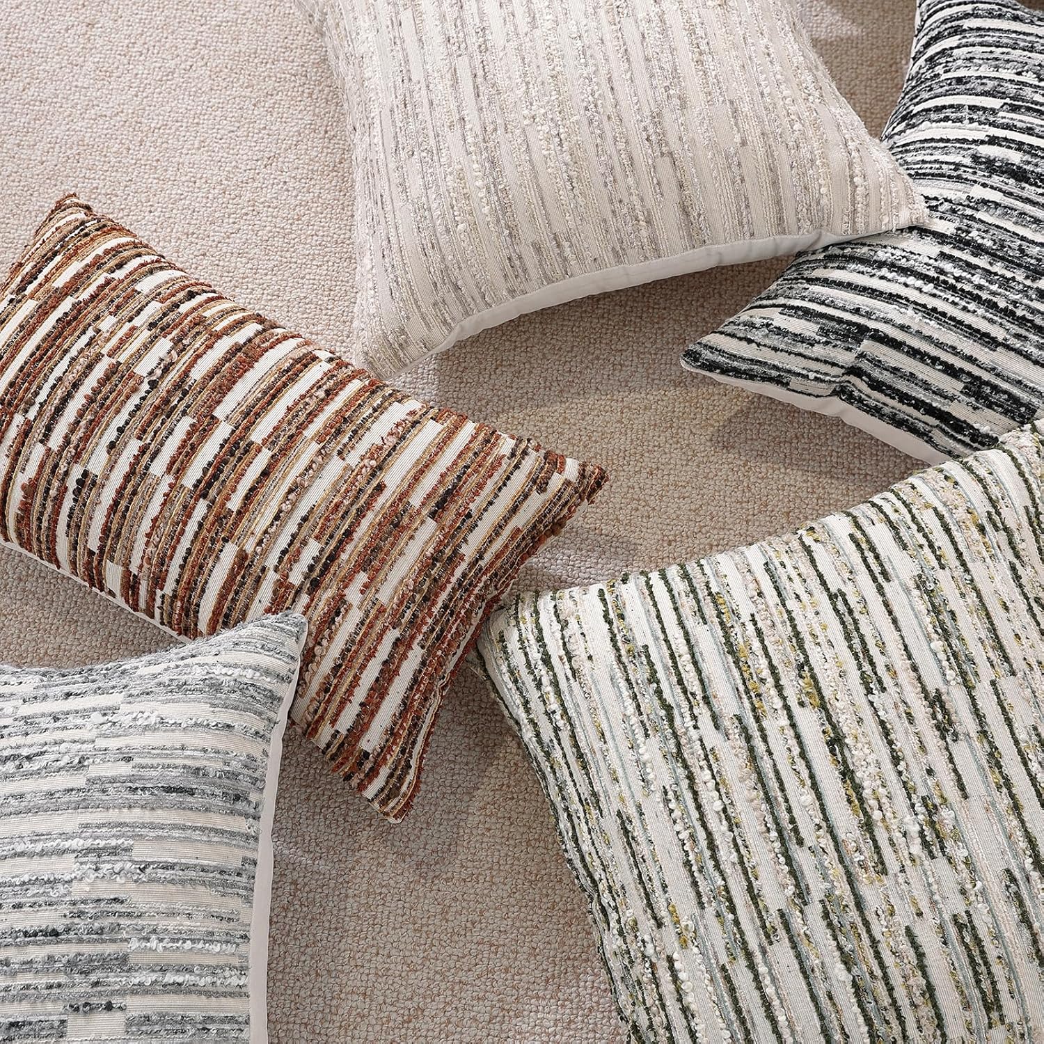Striped Throw Pillow Covers 22x22 Set of 2 Beige Textured Boucle Chic Morden Boho Accent Farmhouse Decorative Chenille Pillow Covers for Home Decor Bed Sofa Living Room