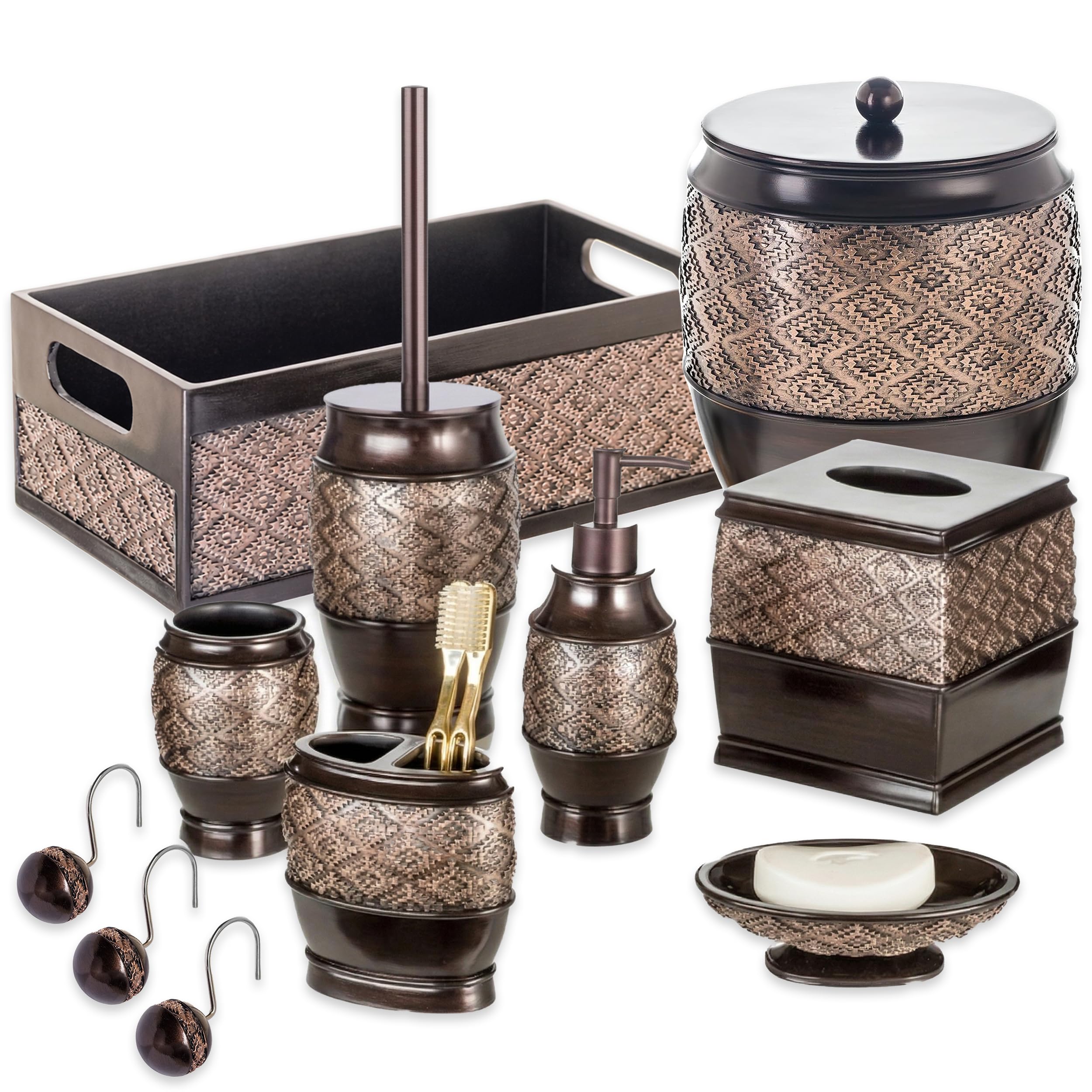 Creative Scents Juego de Accesorios de baño Marrones – Juego de baño de 6 Piezas Incluye: dispensador de jabón Decorativo, jabonera, Vaso, Soporte para Cepillo de Dientes, Funda para Caja de pañuelos