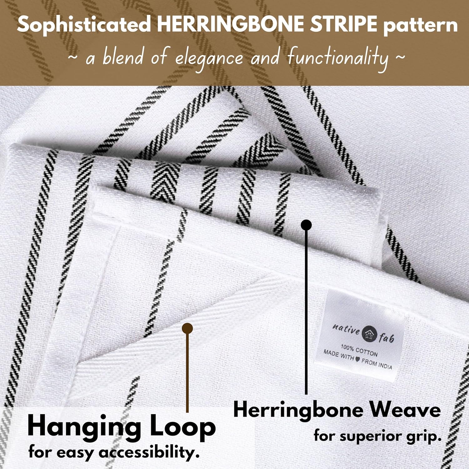 Native Fab Black Stripe Kitchen Towels 12 Pack Herringbone Scandia Weave 16"x26" - Super Absorbent Cotton Dish Towels, Multi Purpose Quick Dry Kitchen Washcloths with Loop - Black White