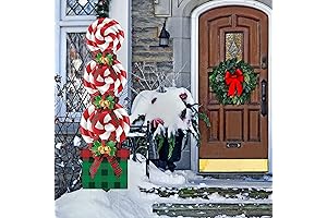 50-Inch Peppermint Christmas Yard Stakes with Red Plaid Bow