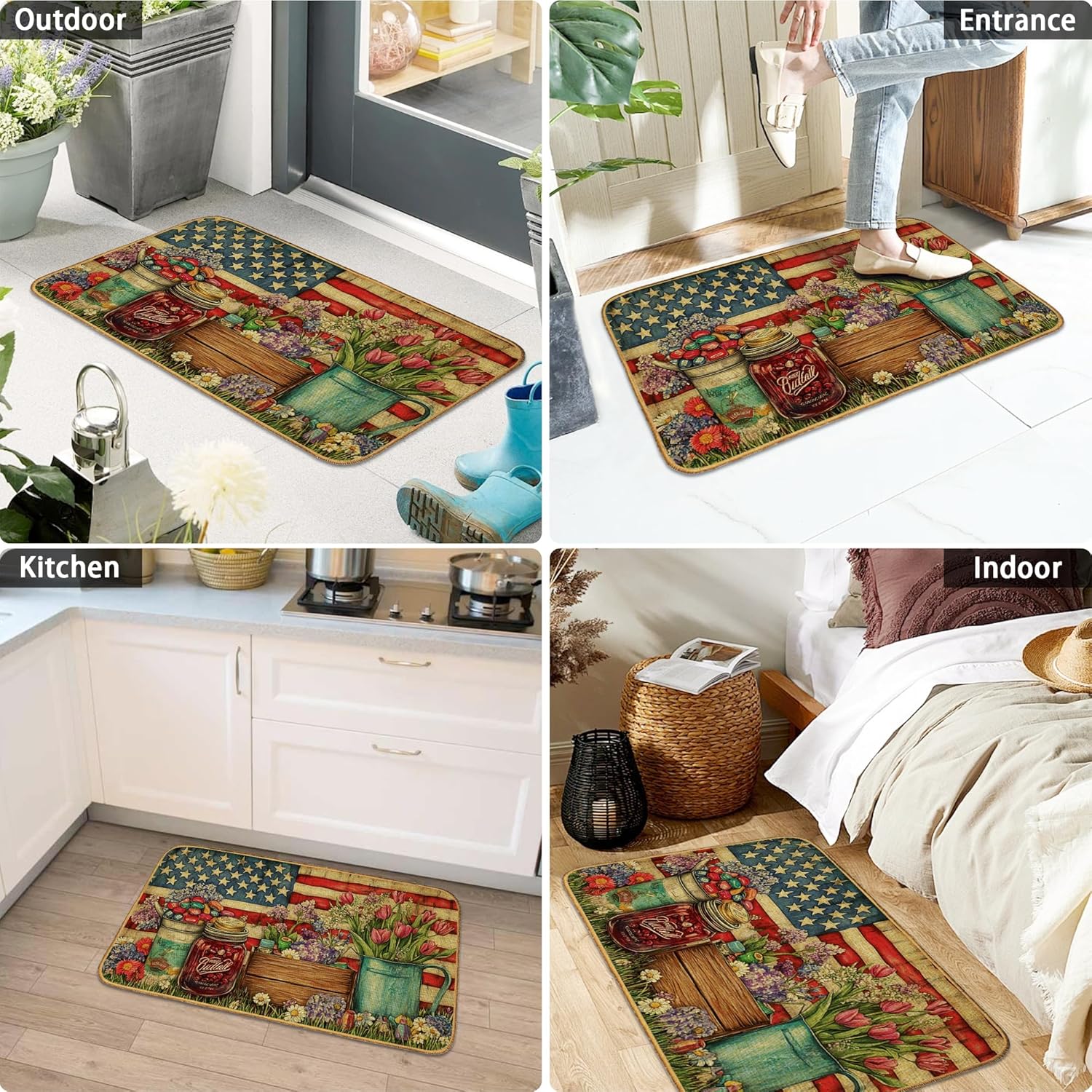 Patriotic Tulip Flowers Doormat Outdoor Entrance,American Flag Front Door Mat Decorative Indoor Outdoor Non-Slip Entryway Rug for Home Entrance Outside Entry Floor Patio 17x29 Inch
