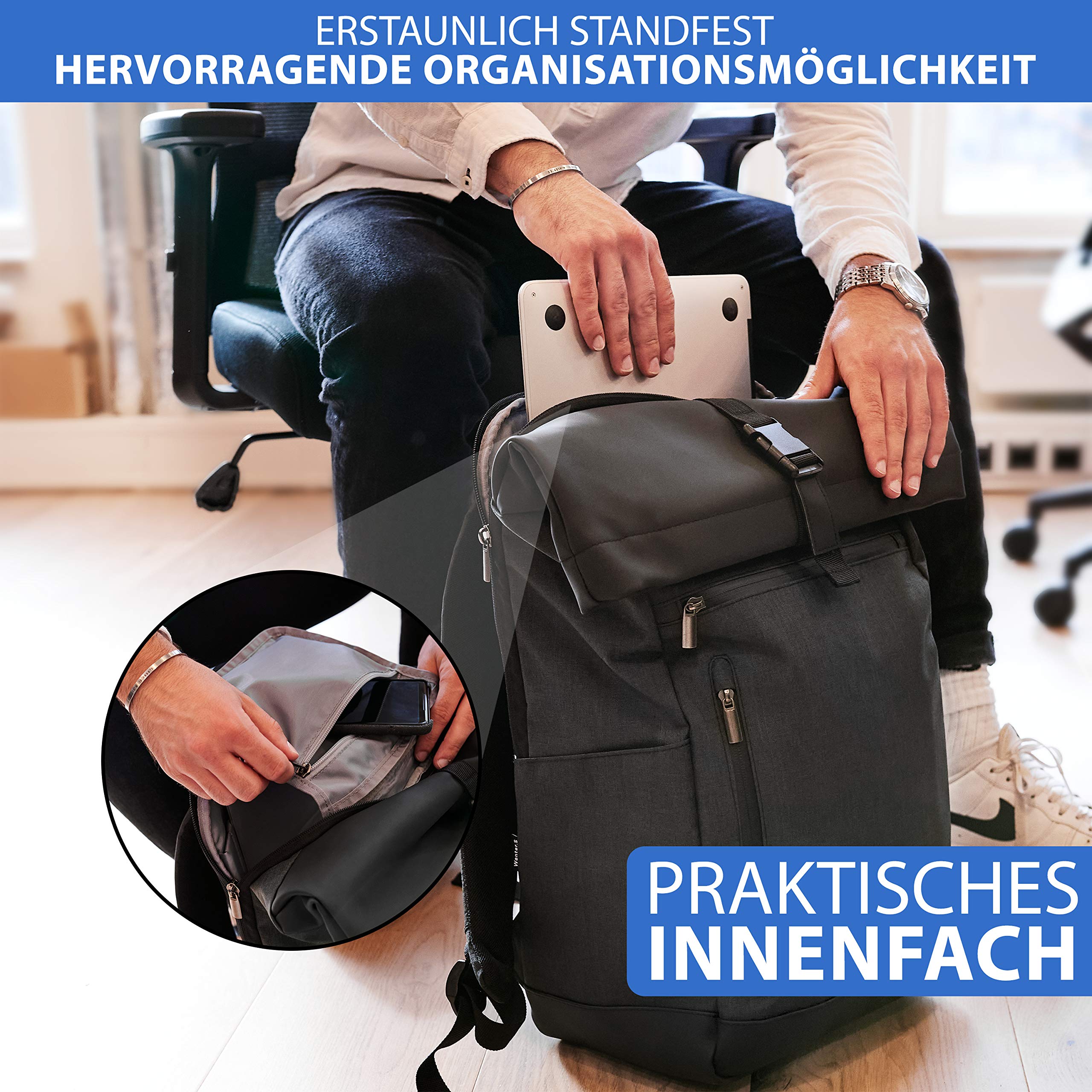Wenter.S Rolltop Rucksack großer Kurierrucksack 25–30L anthrazit viele Taschen innen und aussen
