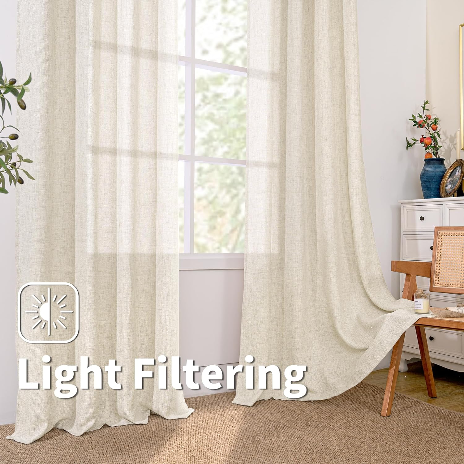 BGment Natural Faux Linen Curtains 84 Inch Long for Living Room - Burlap Textured Light Filtering Window Treatments Grommet Sheer Drapes for Farmhouse, 2 Panels, 38 X 84 Inch