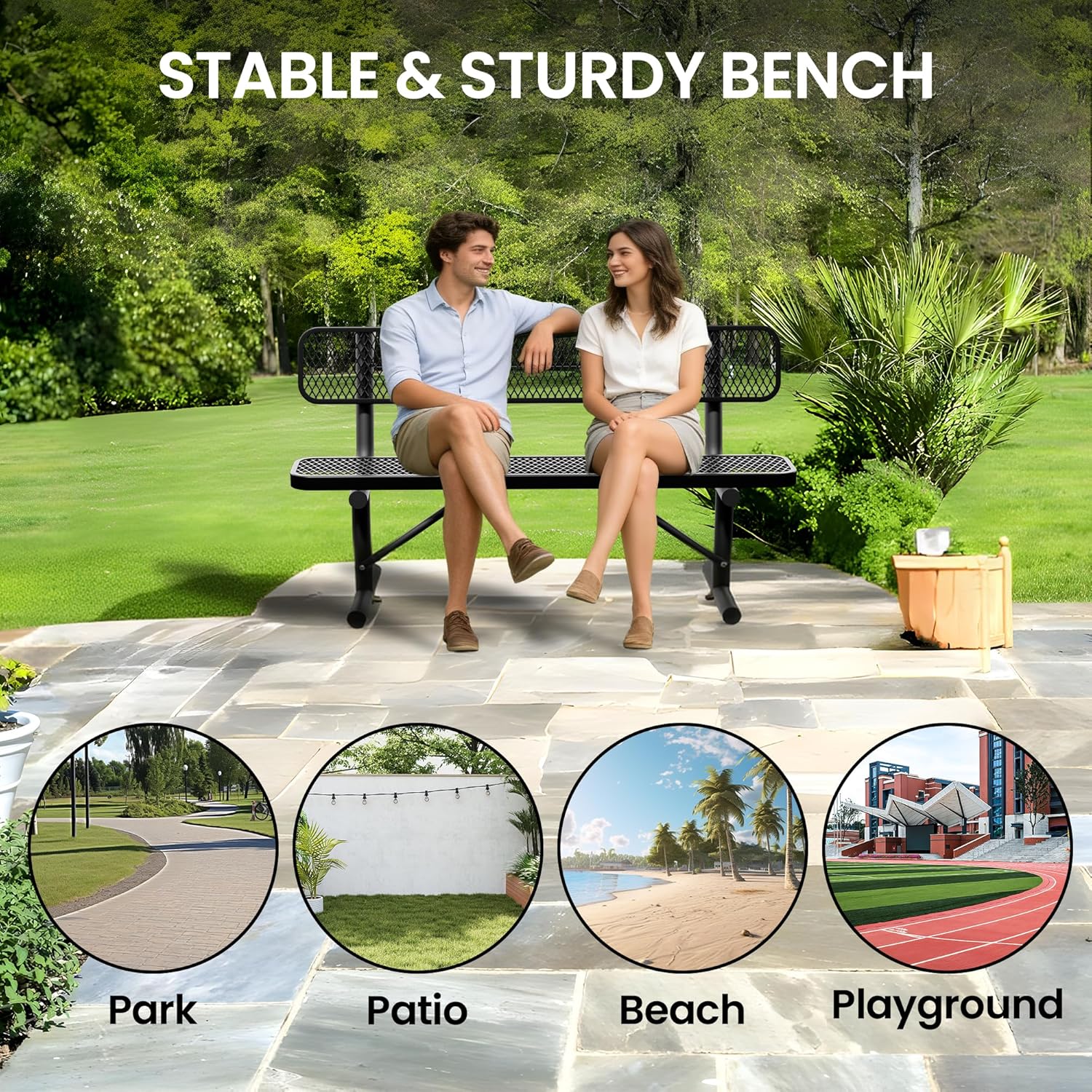 6 Feet Heavy Duty Metal Park Bench for Outside, Outdoor Bench with Backrest & Portable Frame, Commercial Benches for Shopping Malls, Stores, Parks, Patios, Decks, Black