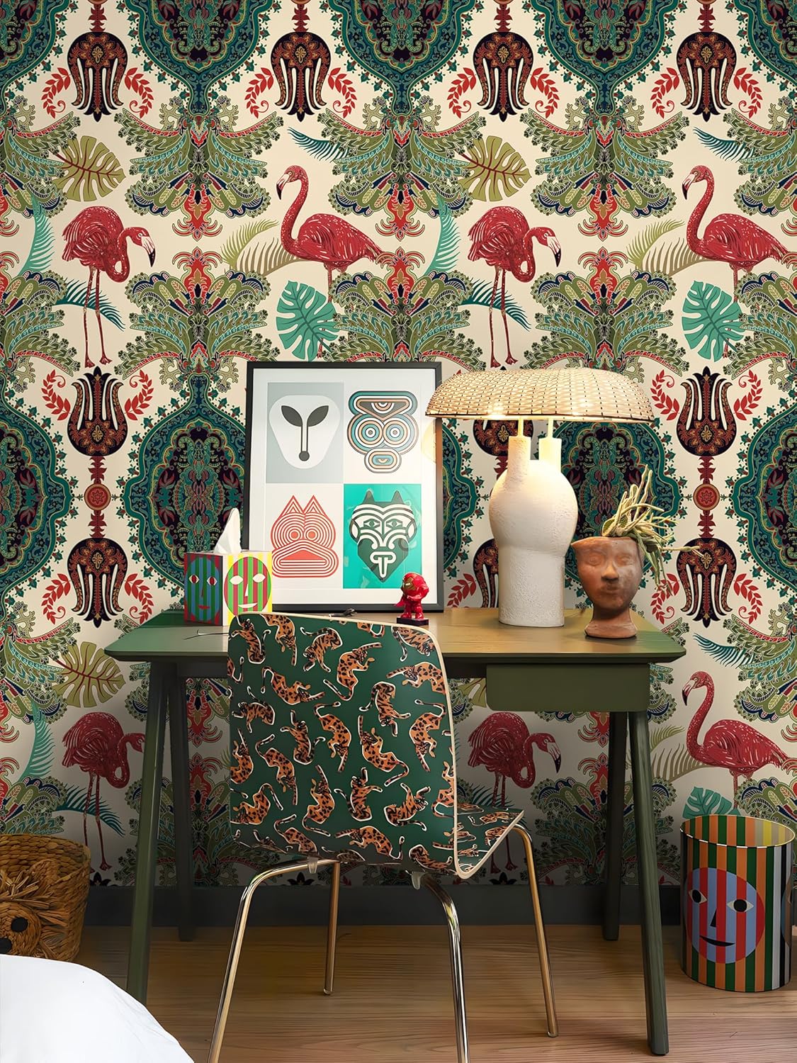 Floralplus Peel and Stick Wallpaper Flamingo Vintage Floral Wallpaper Removable Renter Friendly Wallpapers for Bathroom Boho Palm Leaf Contact Paper for Countertop Home Decor 17.5 x 118 in
