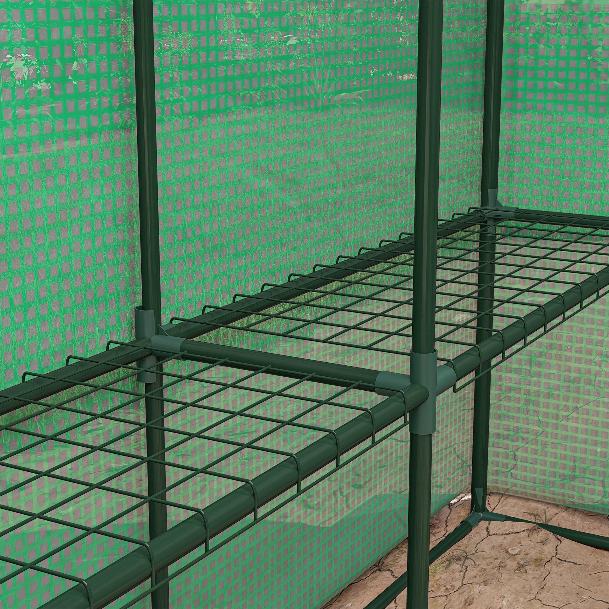 Outsunny Serre de jardin PE avec étagères 4 niveaux, 4,39 m², serre de balcon bâche renforcée 140 g/m², châssis en acier, porte zippée enroulable, pour légumes plantes fleurs, 244 x 180 x 210 cm, vert
