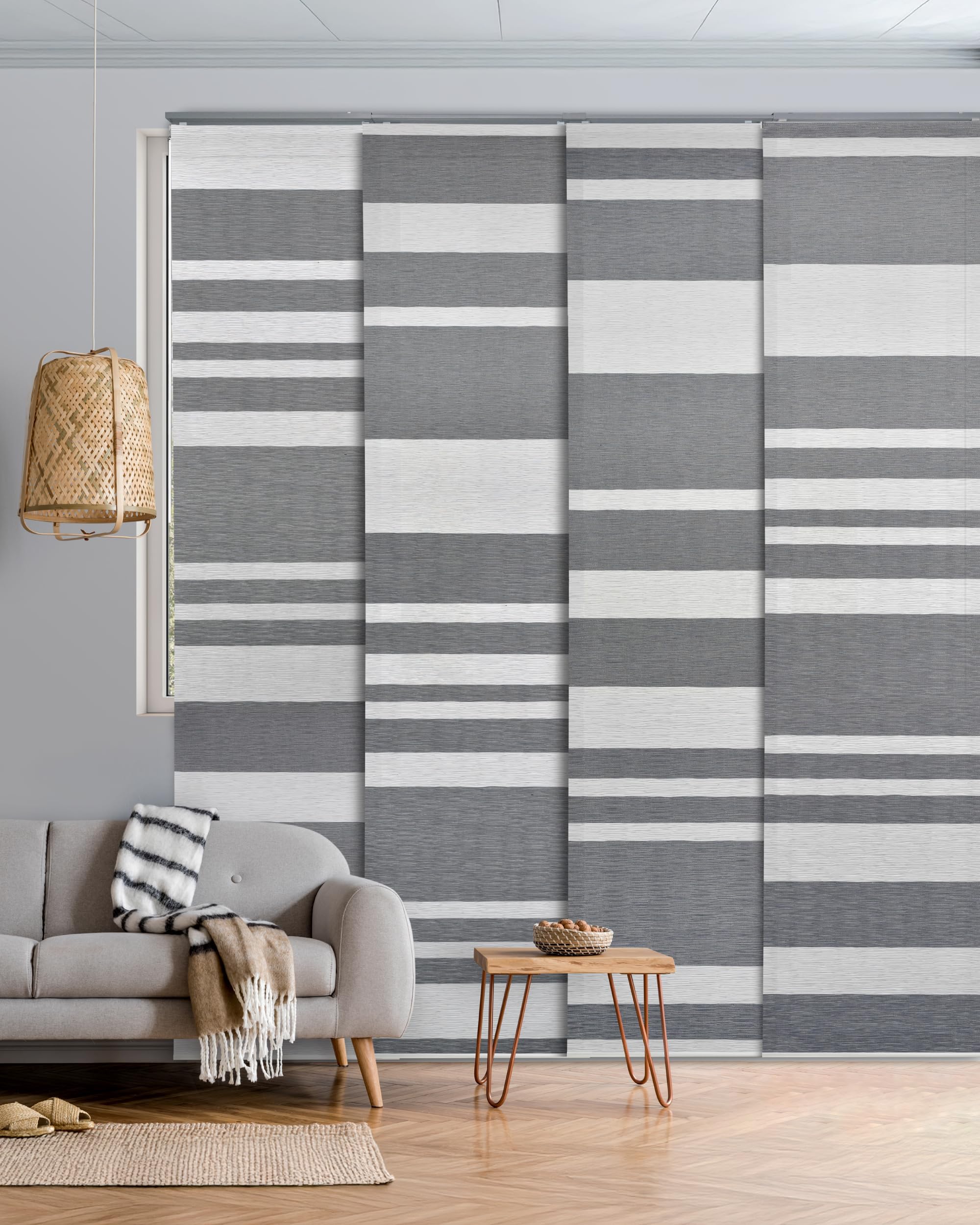 Adjustable Sliding Glass Door Blinds 45.8"- 86" W x 96" H, Panel Track Blinds for Window, Vertical Room Divider, Closet Door, Trimmable Rondom Stripes Woven Fabric Panel Curtain, Shadow