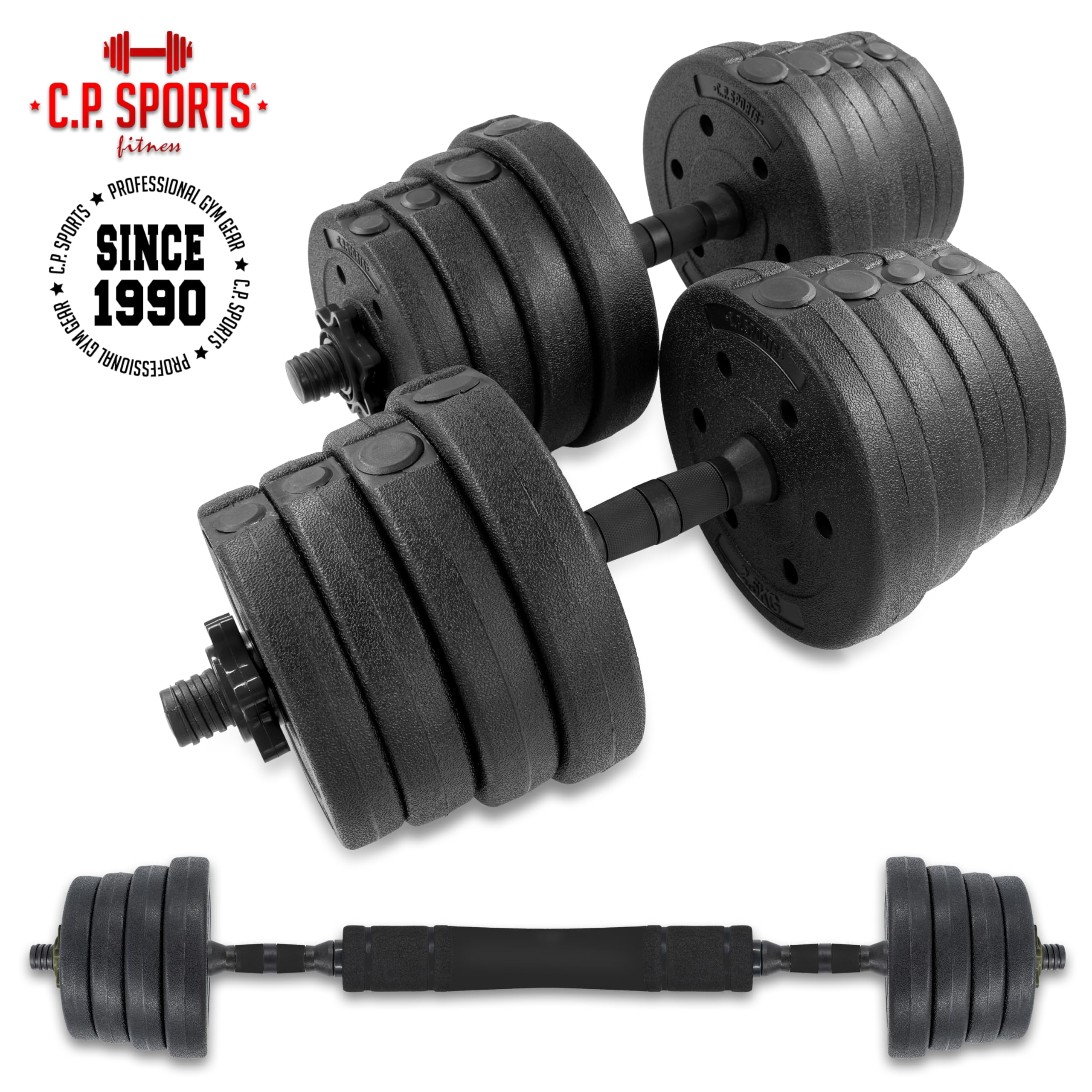 C.P.Sports 2in1 Juego de mancuernas y barras de 30kg | 4x 1,25kg - 4x 1,5kg - 4x 2,0kg - 4x 2,5kg pesas - 2x mangos | Placas de plástico para entrenamiento con pesas, fitness, gimnasio en casa | 4 colores