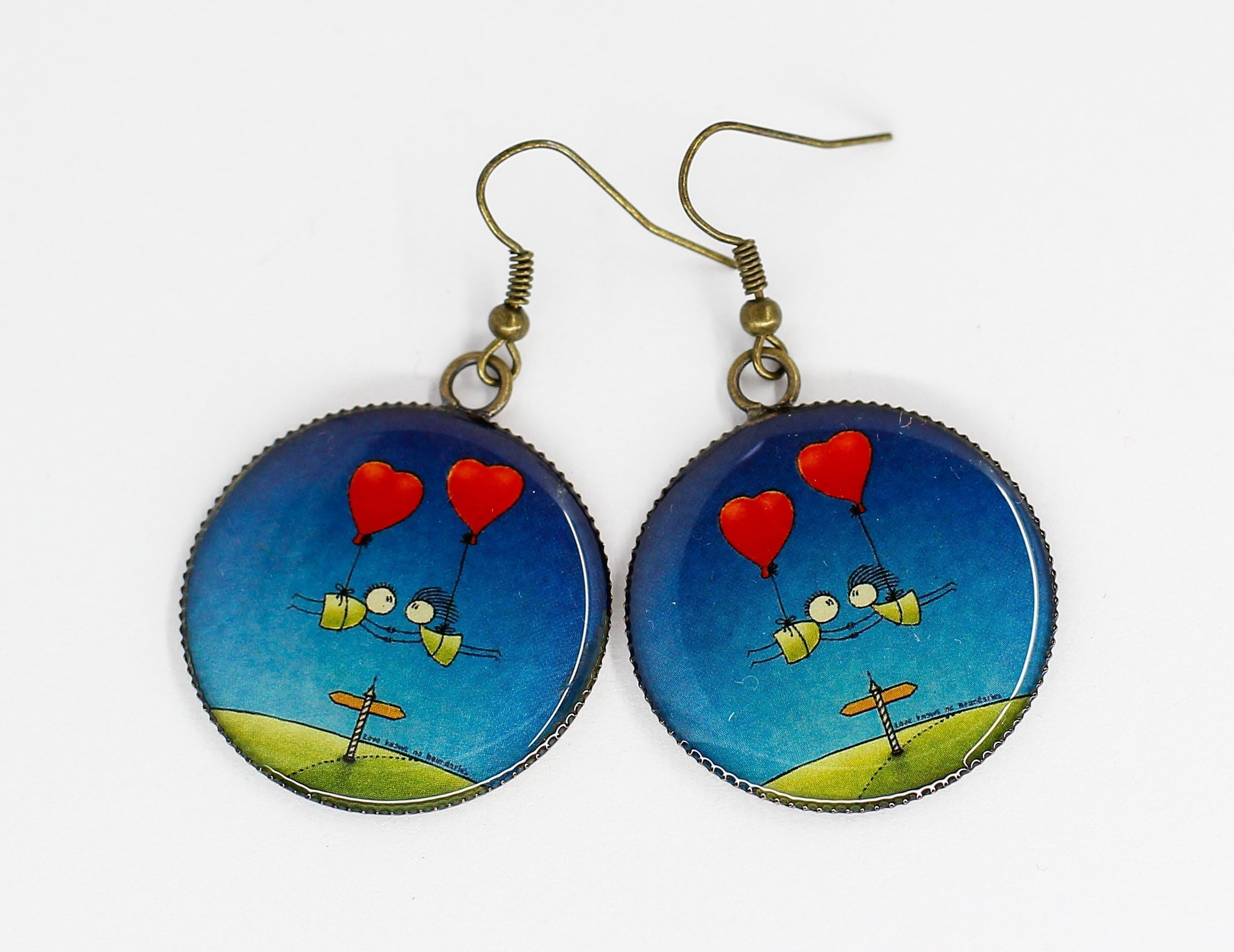 E24 Be my Valentine Handmade Cute Lovely Man Woman Boy Girl Best Friends on Red Heart Balloon Blue Round Earrings Valentine's Day Gift for Women Exclusive Print Pattern design Epoxy jewelry