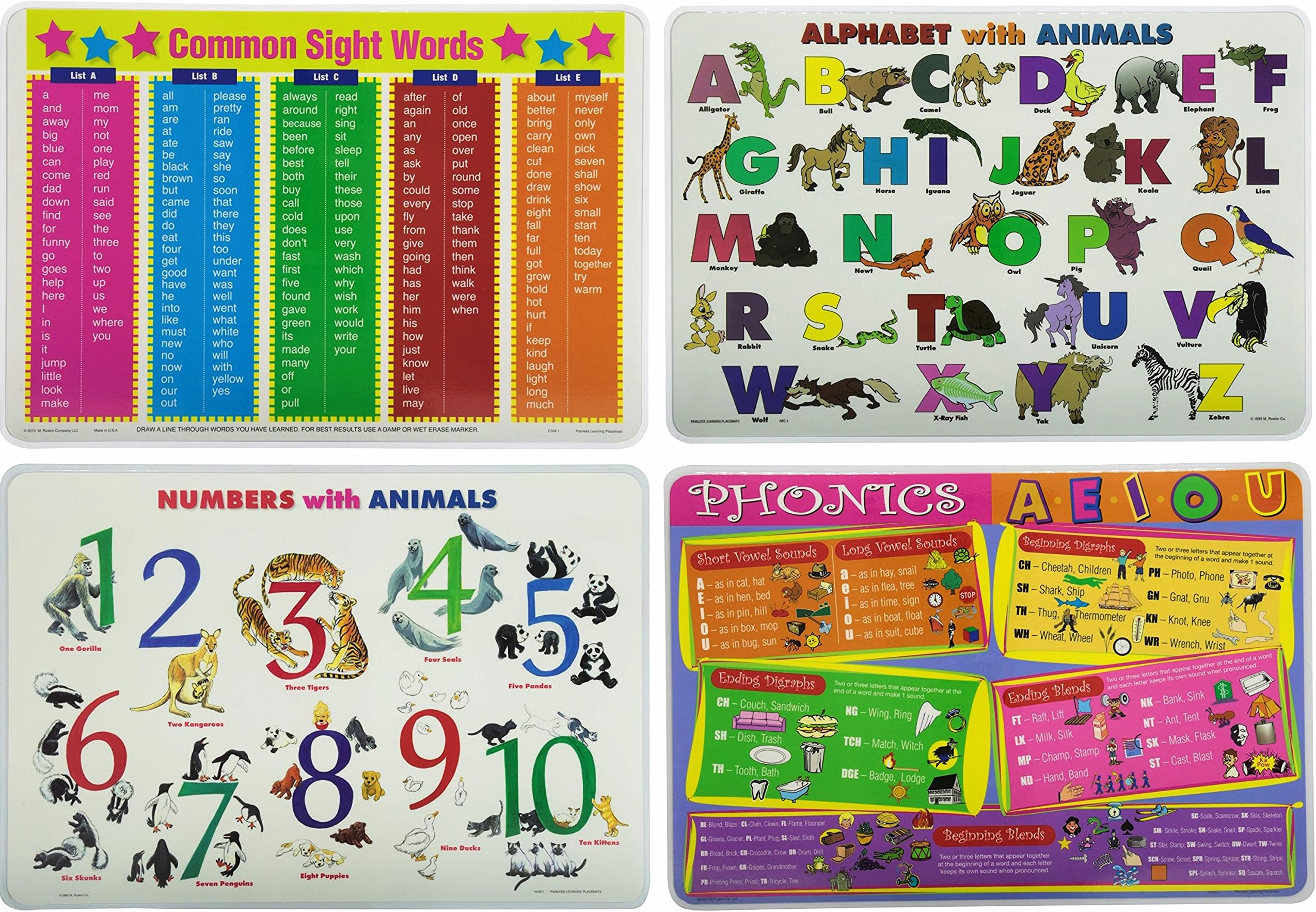 Kids Learning Placemats: Alphabet, Sight Words, Phonics, Numbers -Set of 4 Educational Table Mats for Toddlers, Preschool, Kindergarten