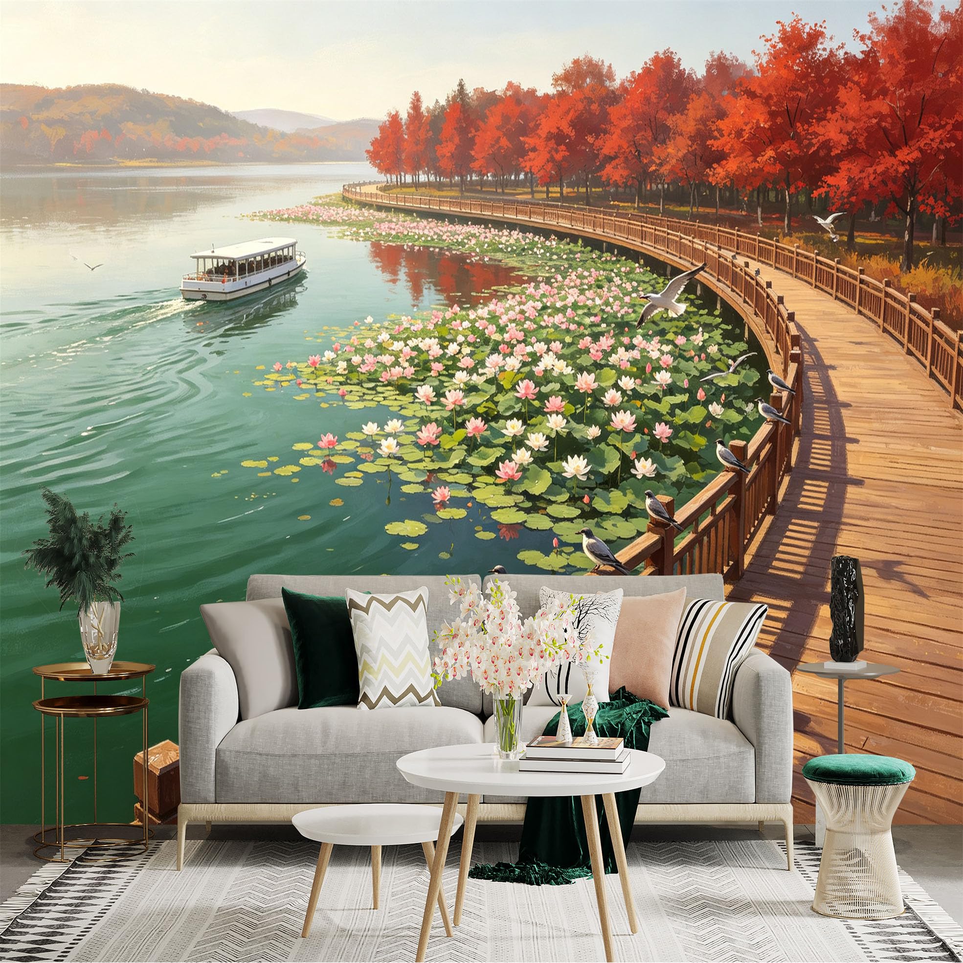 Custom Size Wall Sticker Mural， Scenic Autumn Lake with Lotus Flowers， Wooden Boardwalk and Ferry Boat， Peaceful Nature Landscape， for wall Decoration， peelandstick wall Decals.