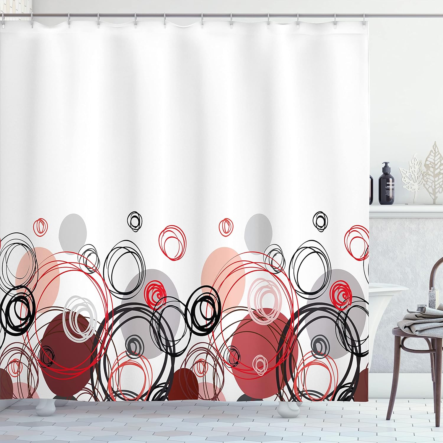 Ambesonne Abstract Shower Curtain, Horizontal Stripe Design and Geometric Circles Rounded Shapes Art Illustration, Cloth Fabric Bathroom Decor Set with Hooks, 69" W x 75" L, Black Grey