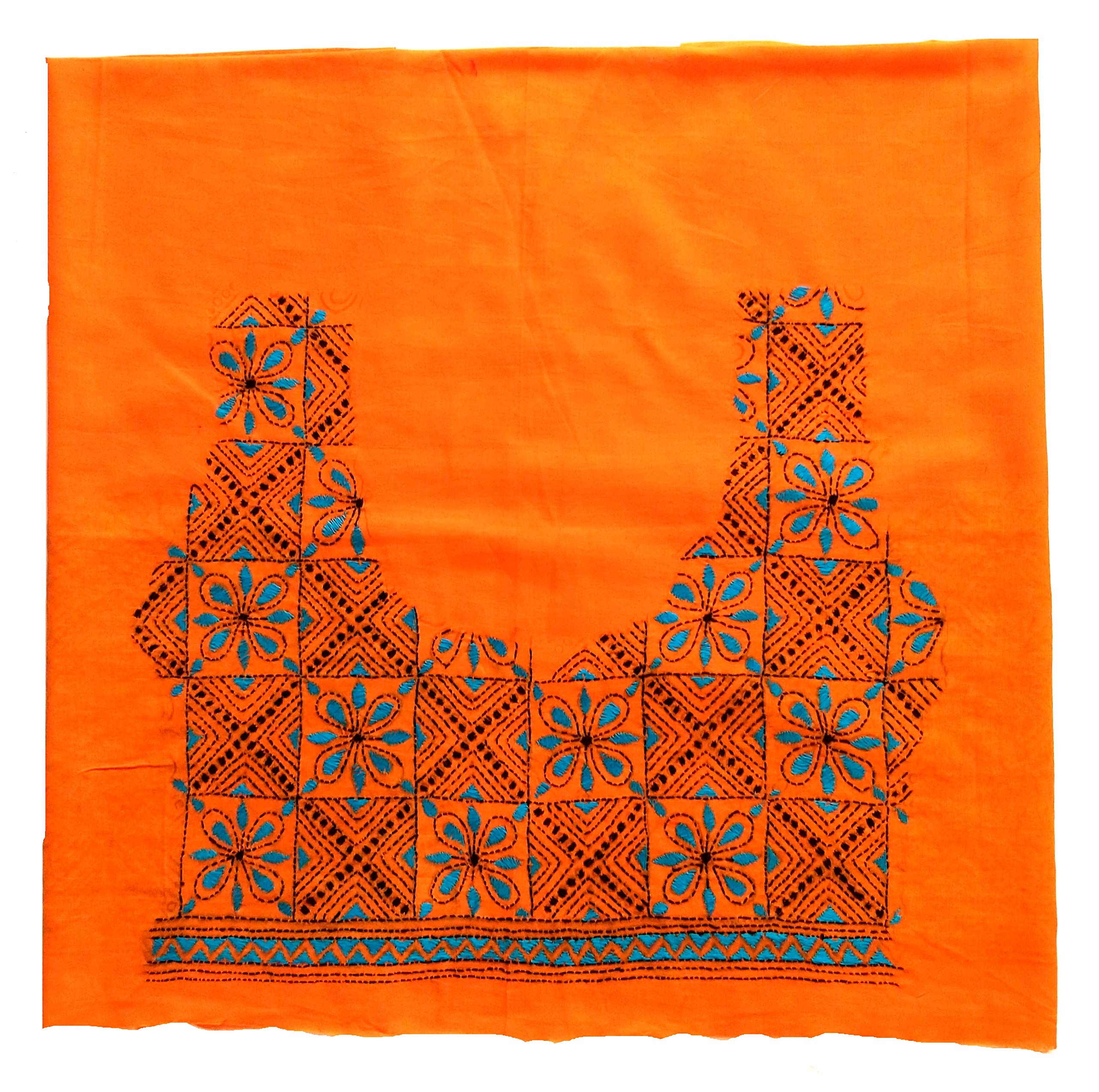 Orange Floral Handembroidered Kantha Cotton Fabric-image-0