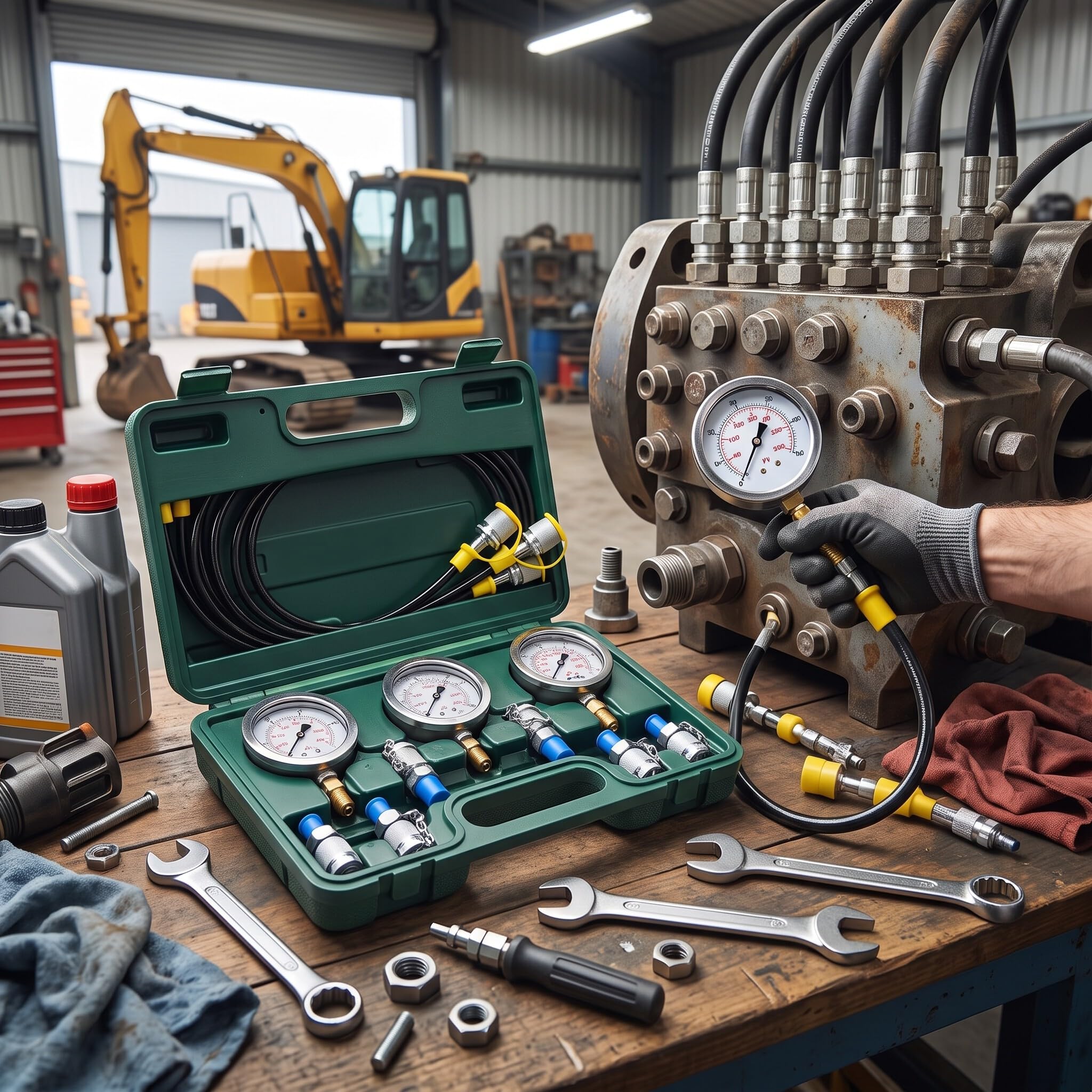 Hydraulikdruck-Testkit für Bagger, 3-teiliges Set mit 1500 mm Prüfschlauch, G1/4 Anschluss, Manometer im Messkoffer, Hydraulik Prüfset für Baumaschinen