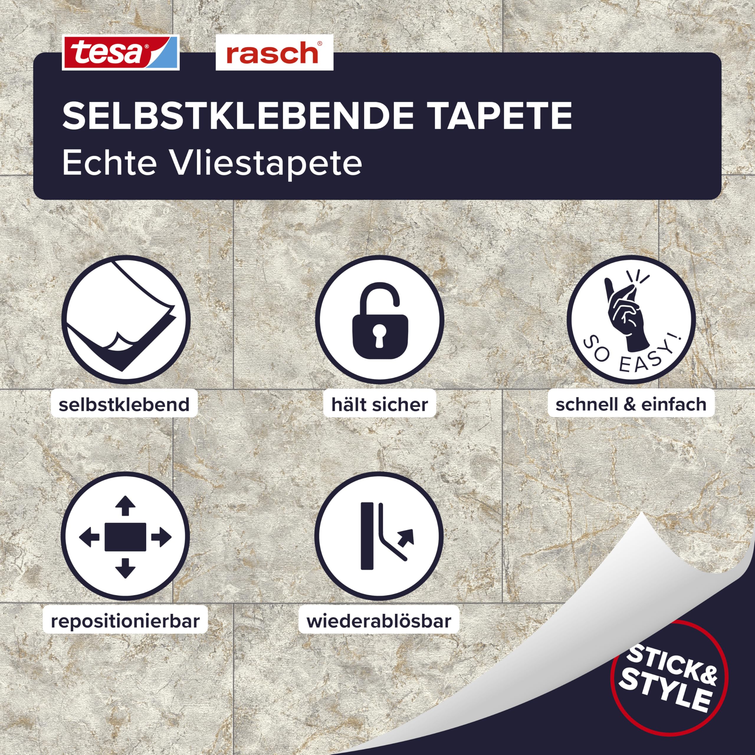 Rasch Selbstklebende Tapete Steinoptik Luxora - Strukturierte Vliestapete Naturstein Dunkel-Grau und Gold - Einfaches Anbringen ohne Kleister mit tesa-Klebetechnologie - 6,00m x 0,53m