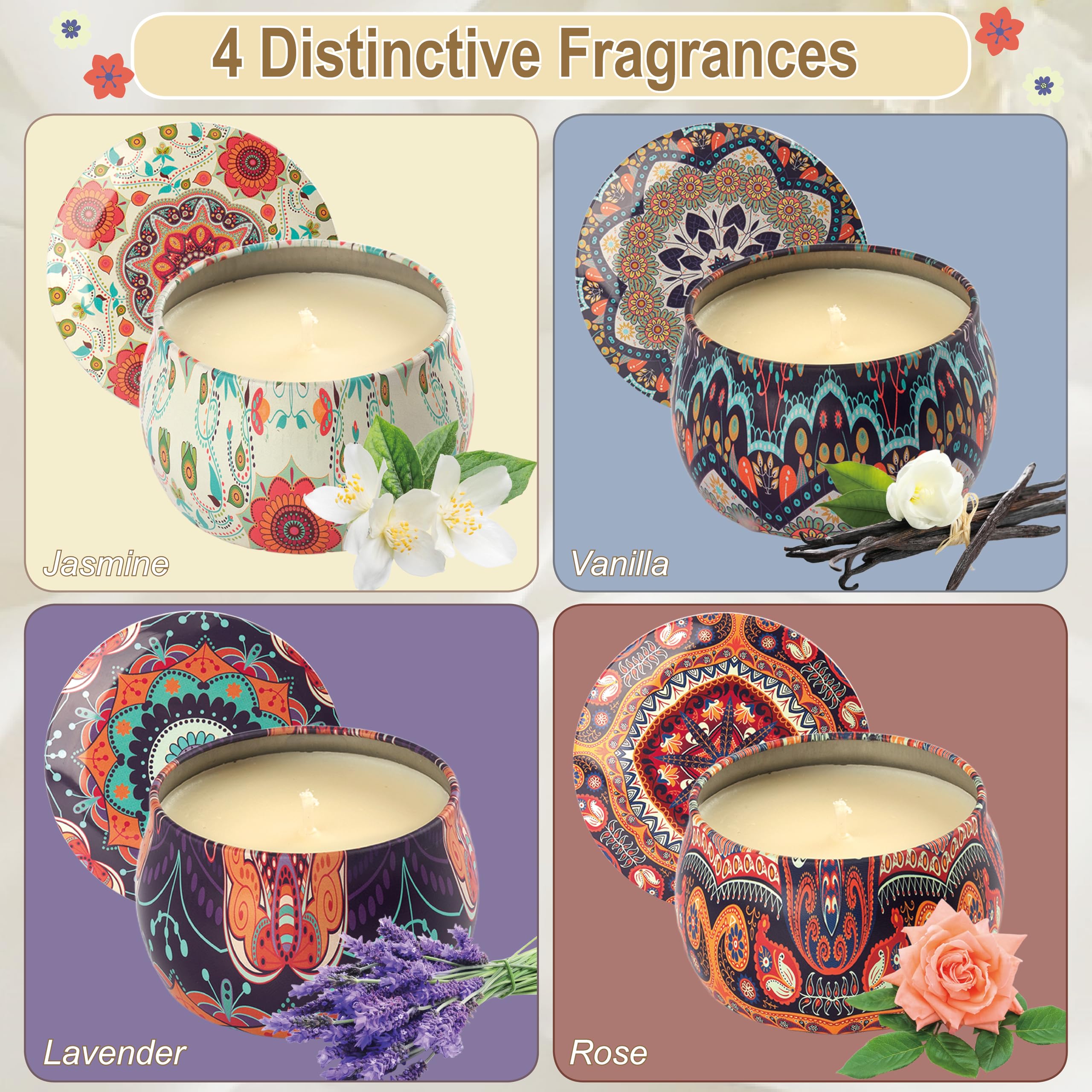 Vela Aromáticas Velas Perfumadas - 4 Candle Cera de Soja Natural 125g Cada Una Caja de Regalo para Mujer Aromaterapia para Relajación Yoga Navidad Día de San Valentín Cumpleaños