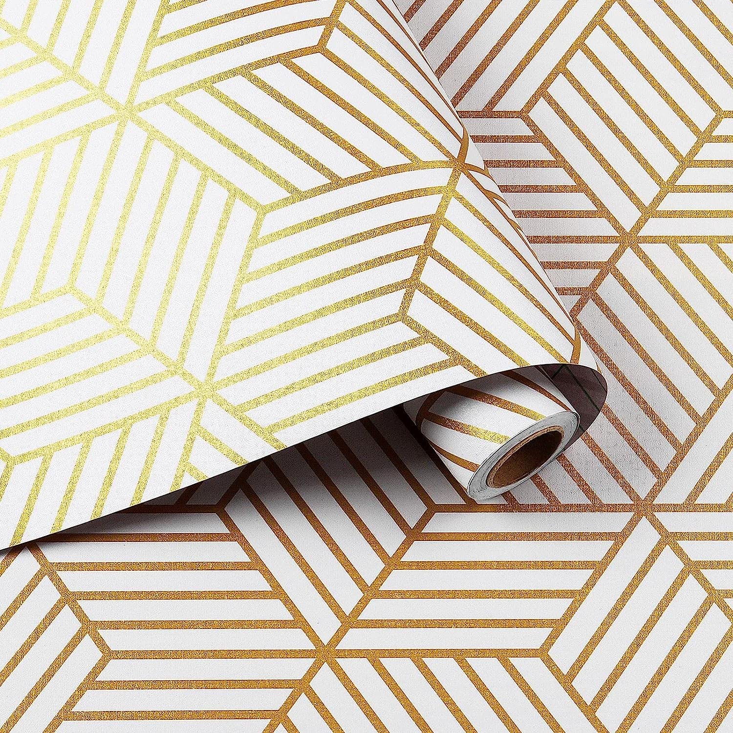 White and Gold Geometric Lines Design Self-Adhesive PVC Wallpaper 304CM X 45CM