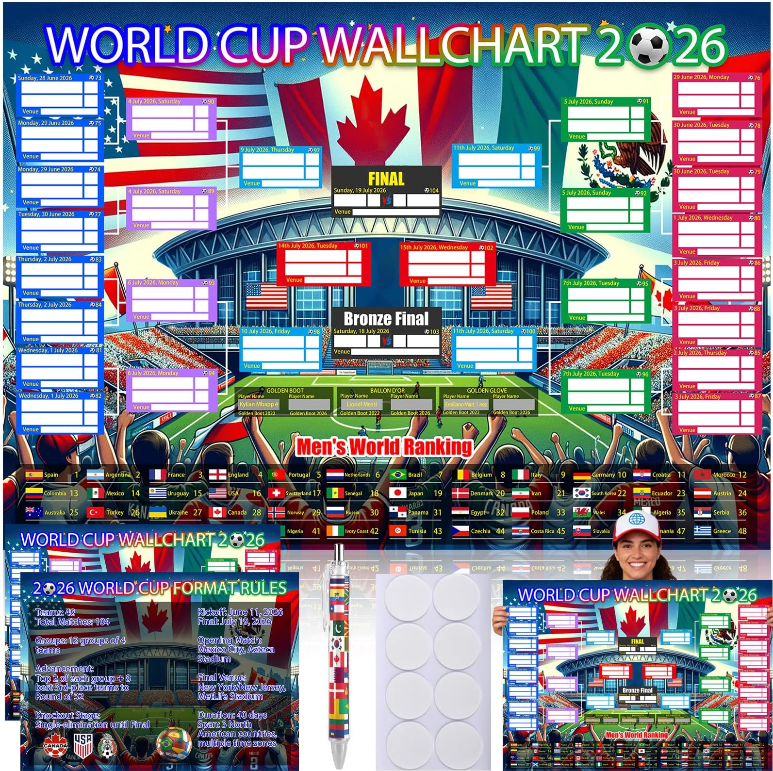 Football World Cup 2026 Game Plan Set 2 Two Writeable World Cup Wall Chart Posters with Overview of All Games, Includes Flags Ballpoint Pen & Double-Sided Adhesive Pads Living Room Bar Decoration 58 x