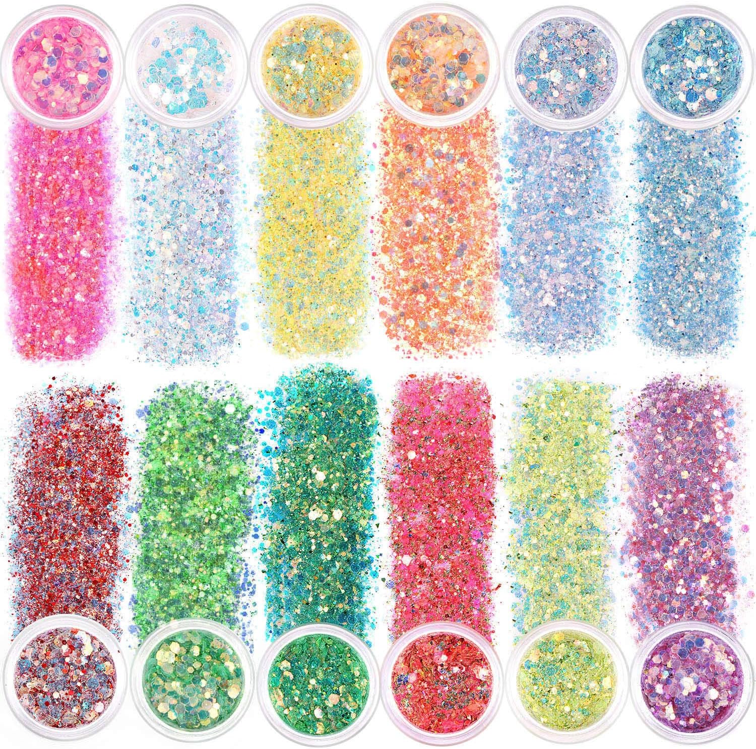12 Colors Chunky Glitter Nail Sequins, KISSBUTY Body Glitter Mixed Color Glitter Sequins Nail Art Gilter Iridescent Flakes Colorful Paillette Festival Glitter for Body Face Hair Make Up Nail Art