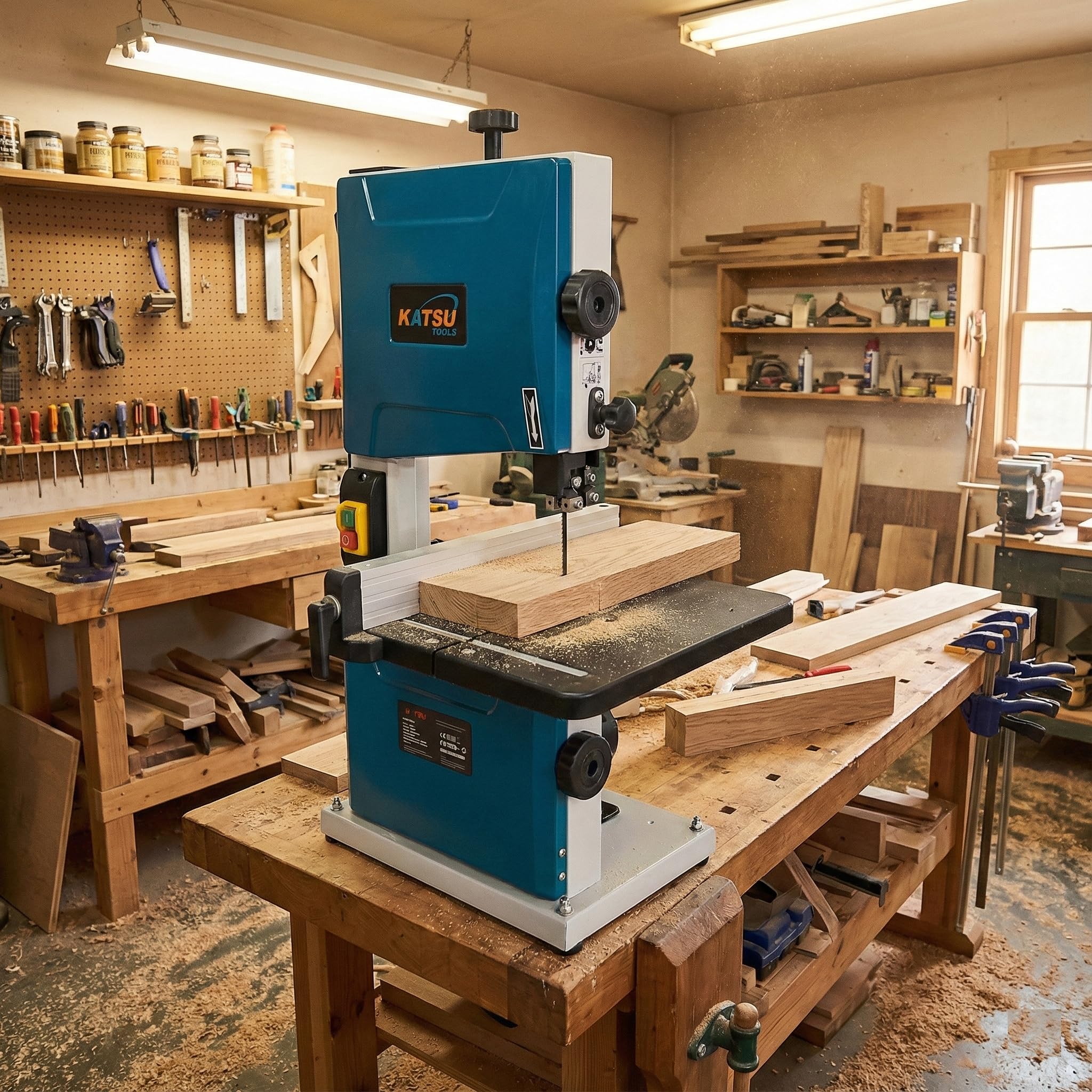 KATSU Tools Sega a nastro da banco 200 mm 350 W Sega a nastro elettrica per lavorazione del legno, tavolo da lavoro in metallo inclinabile a 45° per tagli obliqui, lama inclusa 100555