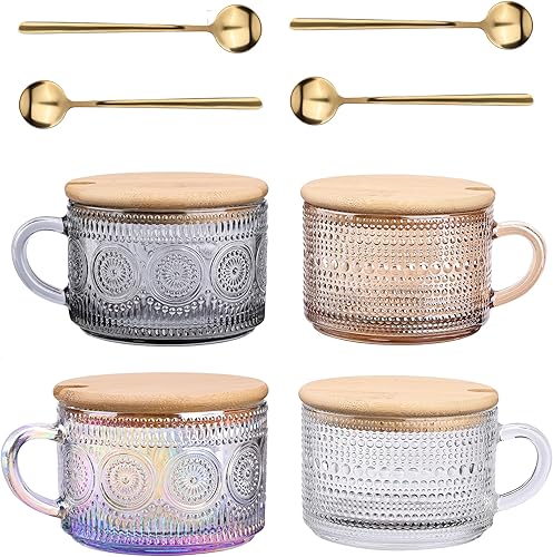 Juego de 4 tazas de café de vidrio vintage, tazas de té de vidrio transparente en relieve con tapas y cucharas de bambú, bonitos accesorios de barra