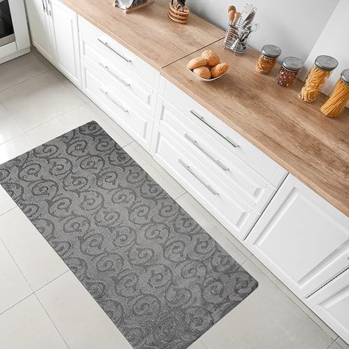 Alfombra lavable a máquina para cocina y baño, diseño de voluta, color gris, respaldo antideslizante de gran tamaño