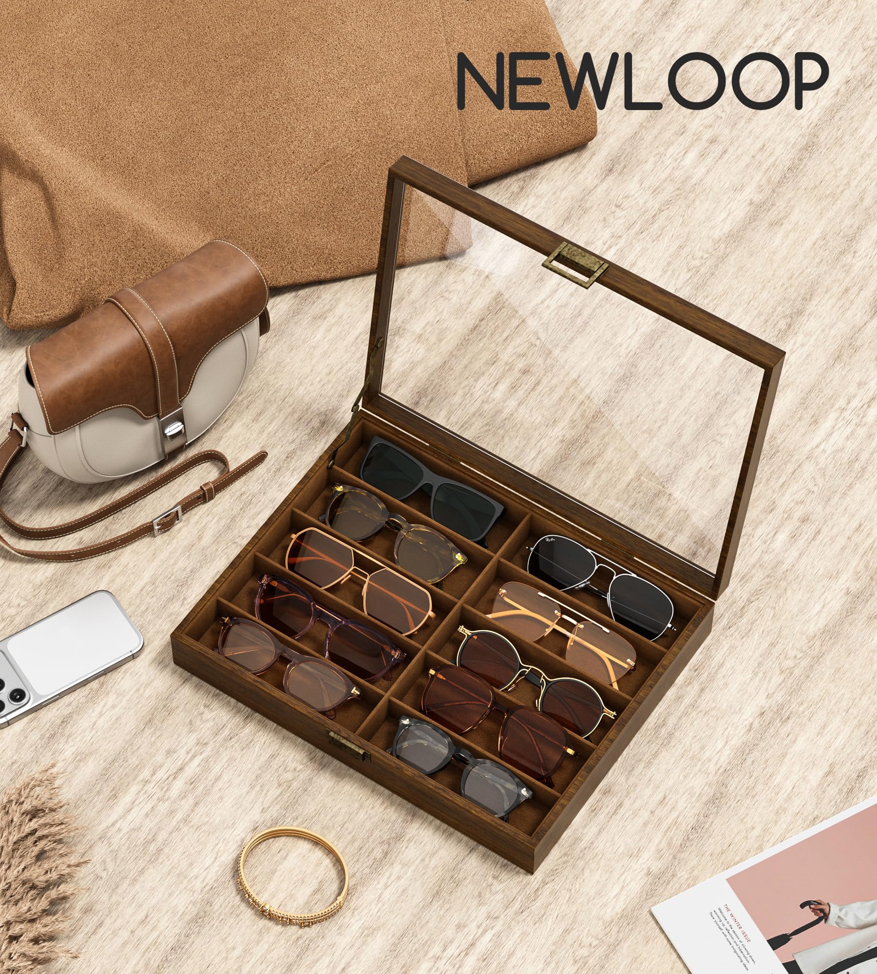 NEWLOOP Sonnenbrillen-Organizer mit 10/20/30 Fächern, für mehrere Brillen, breite Glasvitrine, Aufbewahrungsbox für Damen und Herren