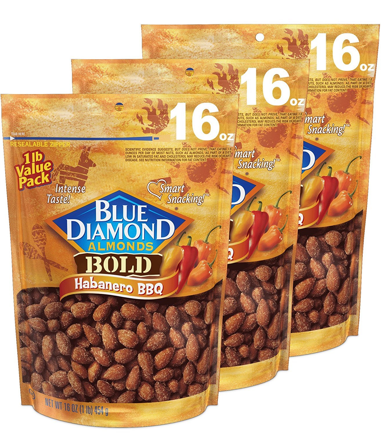 Blue Diamond Almonds Habanero BBQ Flavored Snack Nuts, 16 Ounce (Pack of 3)
