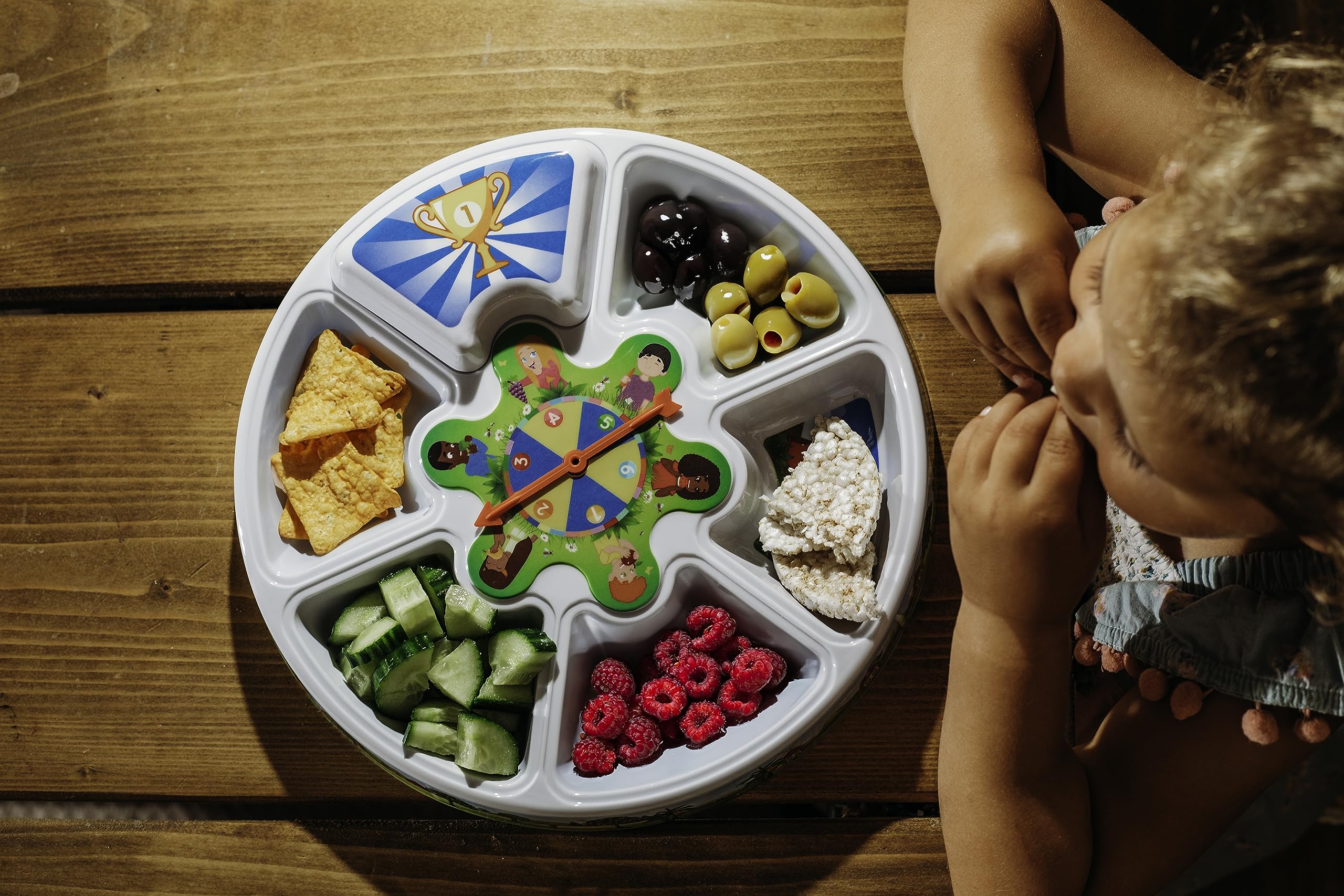 Jeuplay Snack Supper Spinner for Kids, Fun Divided Plate with 6 Compartments, Prize Lid & Spinner, Encourages Picky Eaters - Image 2
