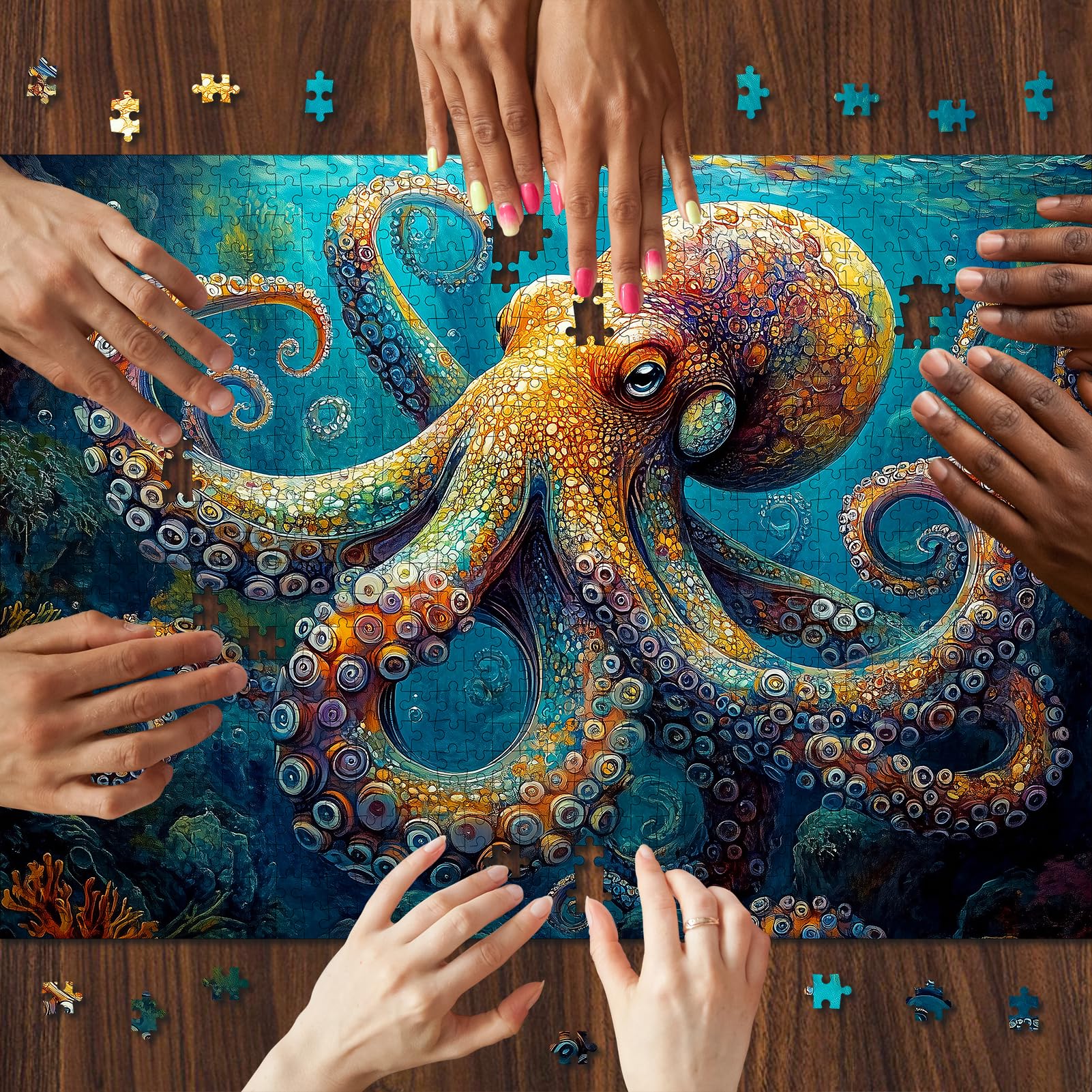 Deep Blue Octopus 1000 Piece Jigsaw Puzzle For Adults - Challenging Marine Art, Finished Size 27.5" X 19.7"