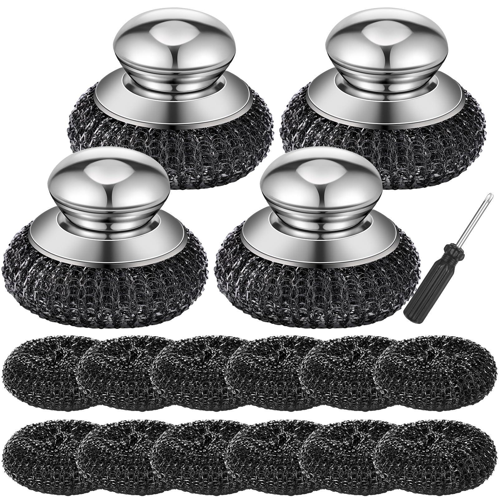 4 Pcs Stainless Steel Wool Scrubbers with Handle 12 Replacement Metal Cast Iron Scrubber Brush for Cleaning Dishes Kitchen Pots Pan Sink