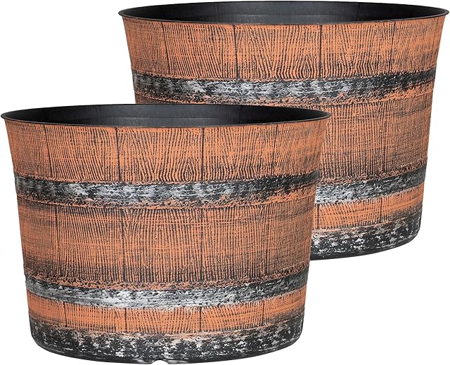 SG Traders Round Plastic Whisky Barrel Garden Pot Flower Pots Planter Tub Patio Pot Outdoor Traditional Barrel Brown with Silver Bands Garden Plant Pot Outdoors with Drainage Holes (Pack of 2)