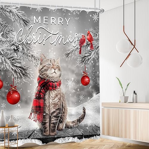 Miniatura 2 de AMBZEK Cortina de ducha con diseño de gato de Feliz Navidad, 60 pulgadas de ancho x 72 pulgadas de largo, diseño de copos de nieve, árbol de pino,
