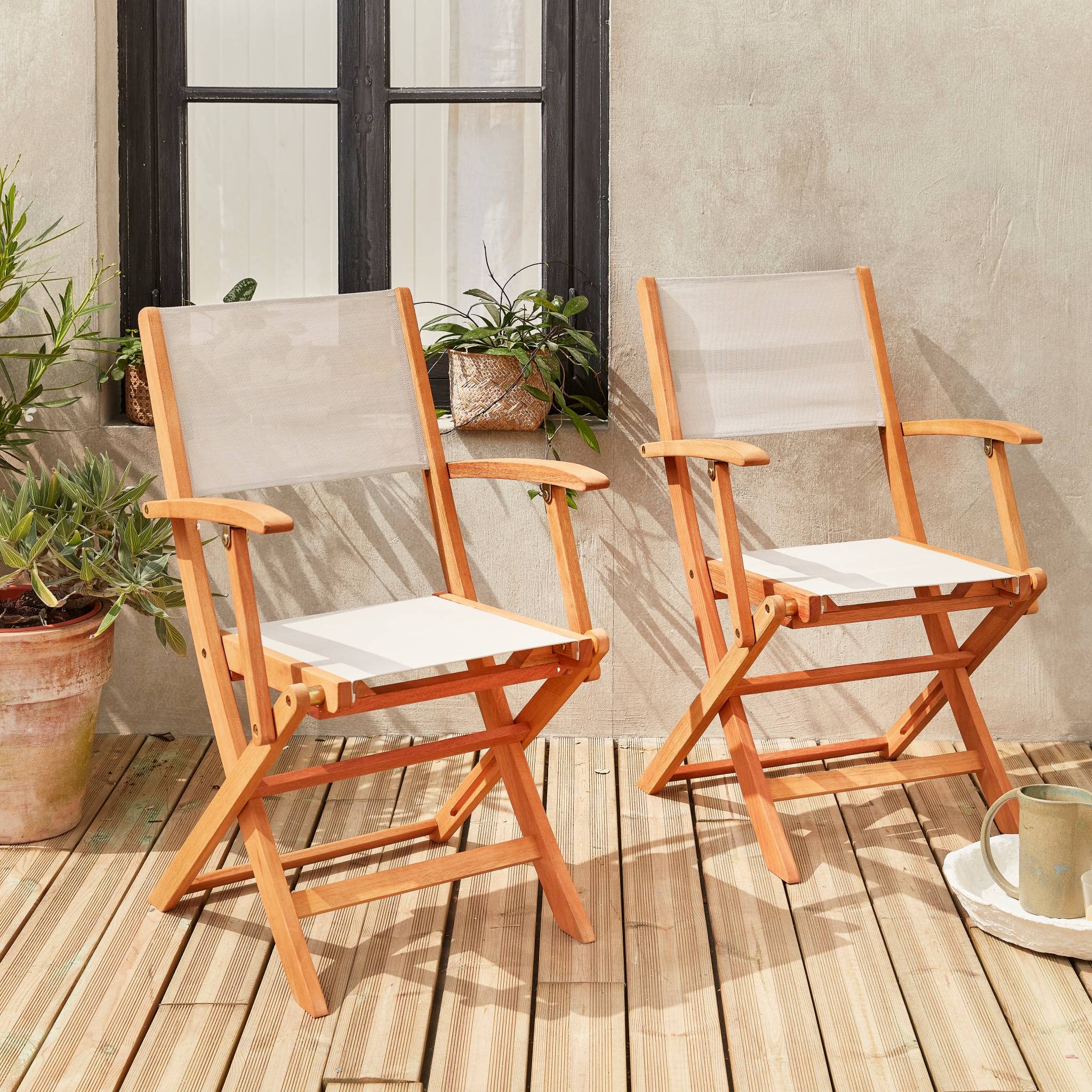 Alice's Garden - Fauteuils de Jardin en Bois et textilène - Almeria Blanc - 2 fauteuils pliants en Bois d'Eucalyptus huilé et textilène