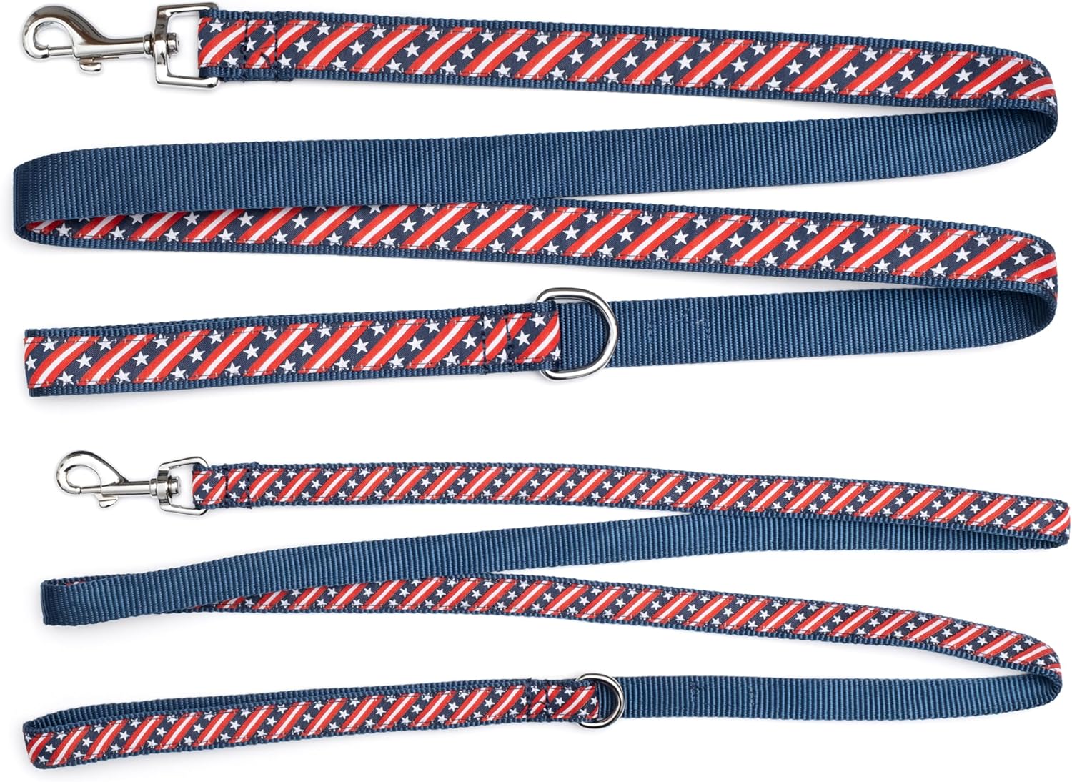 THE WORTHY DOG Fashionable Bias Starts and Stripes Leash for Dogs, Woven Ribbon, Solid Nickel Plated D-Ring, Red/White/Black, Large