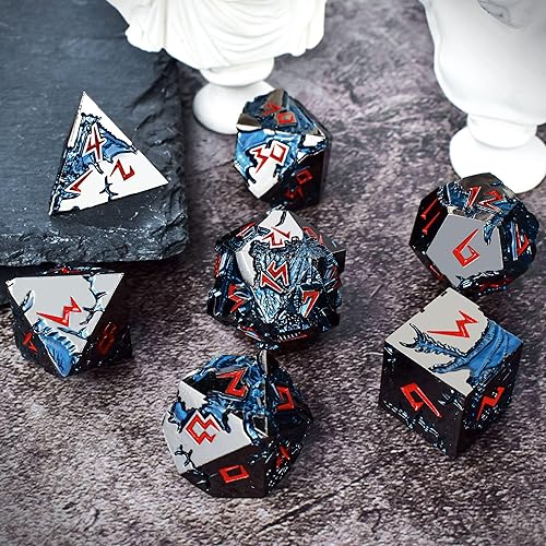 Miniatura 6 de Rule Dice Dados D&D de 7 Dados de Metal DND, Juego de Dados Metálicos Ponderados de Calabozos y Dragones, Juegos de Dados Poliédricos D y D Grandes,
