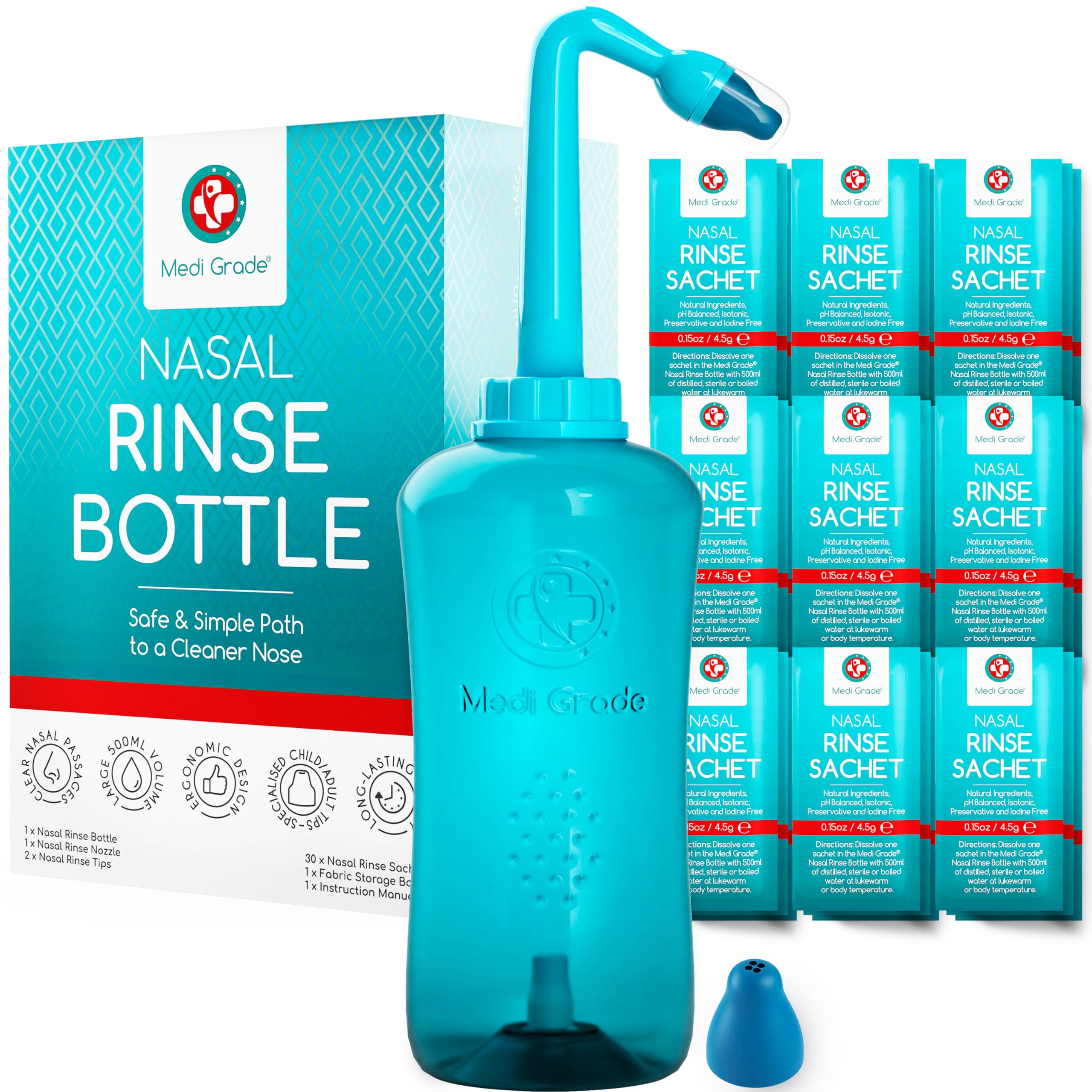 Medi Grade Nasal Irrigation Kit - 500ml Nasal Rinse Bottle, 30x 4.5g Premixed Saline Nasal Rinse Salt Sachets - Deluxe Free-Flow Bottle Nose Cleaner for Improved Breathing and Nasal Hygiene