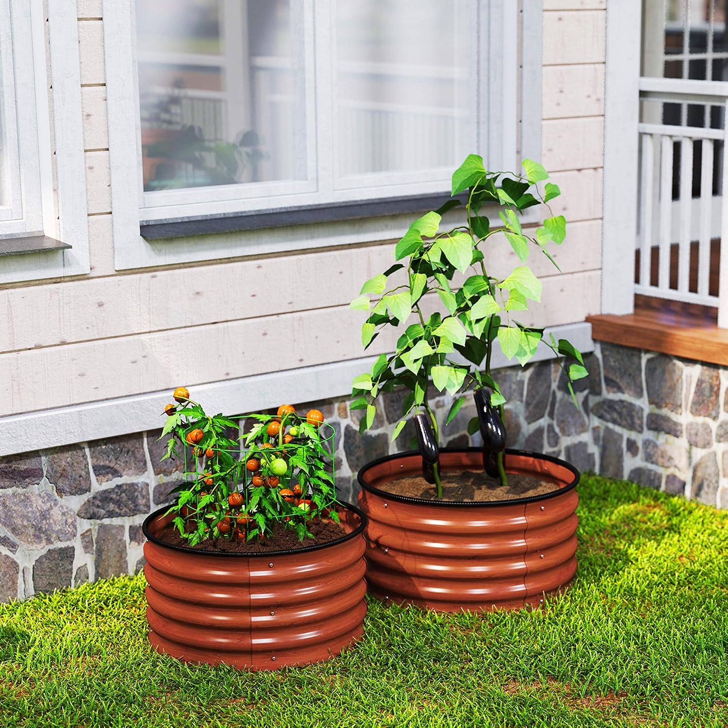 Outsunny Galvanized Raised Garden Bed Set of 2, Planters for Outdoor Plants with Safety Edging, Easy-to-Assemble Stock Tanks for Growing Flowers, Herbs and Vegetables, 2' x 2' x 1', Dark Brown