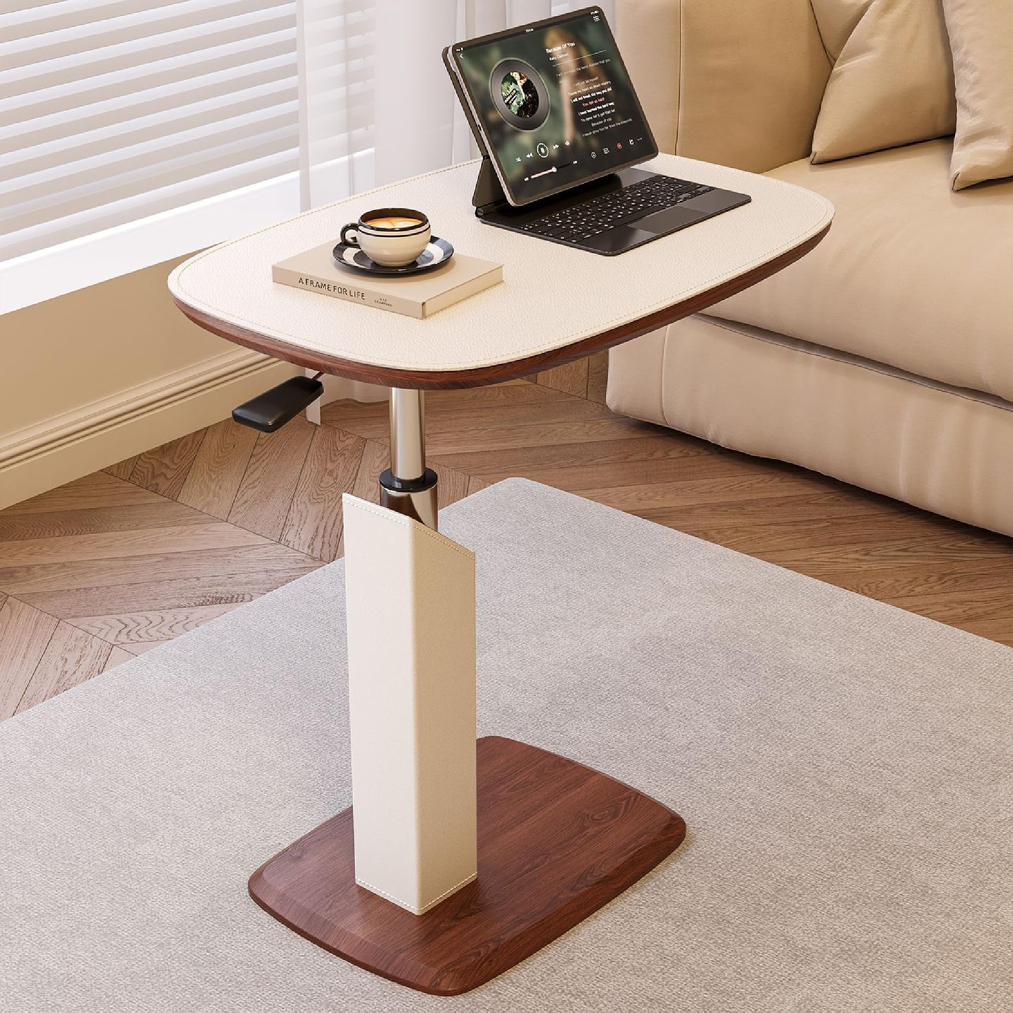 Höhenverstellbarer Beistelltisch mit Versteckten Rollen & Pneumatik, Kleiner C-Form Betttisch Sofatisch mit 360° Drehbar, Holz Side Table für Wohnzimmer, Laptoptisch für Couch Sofa Bett