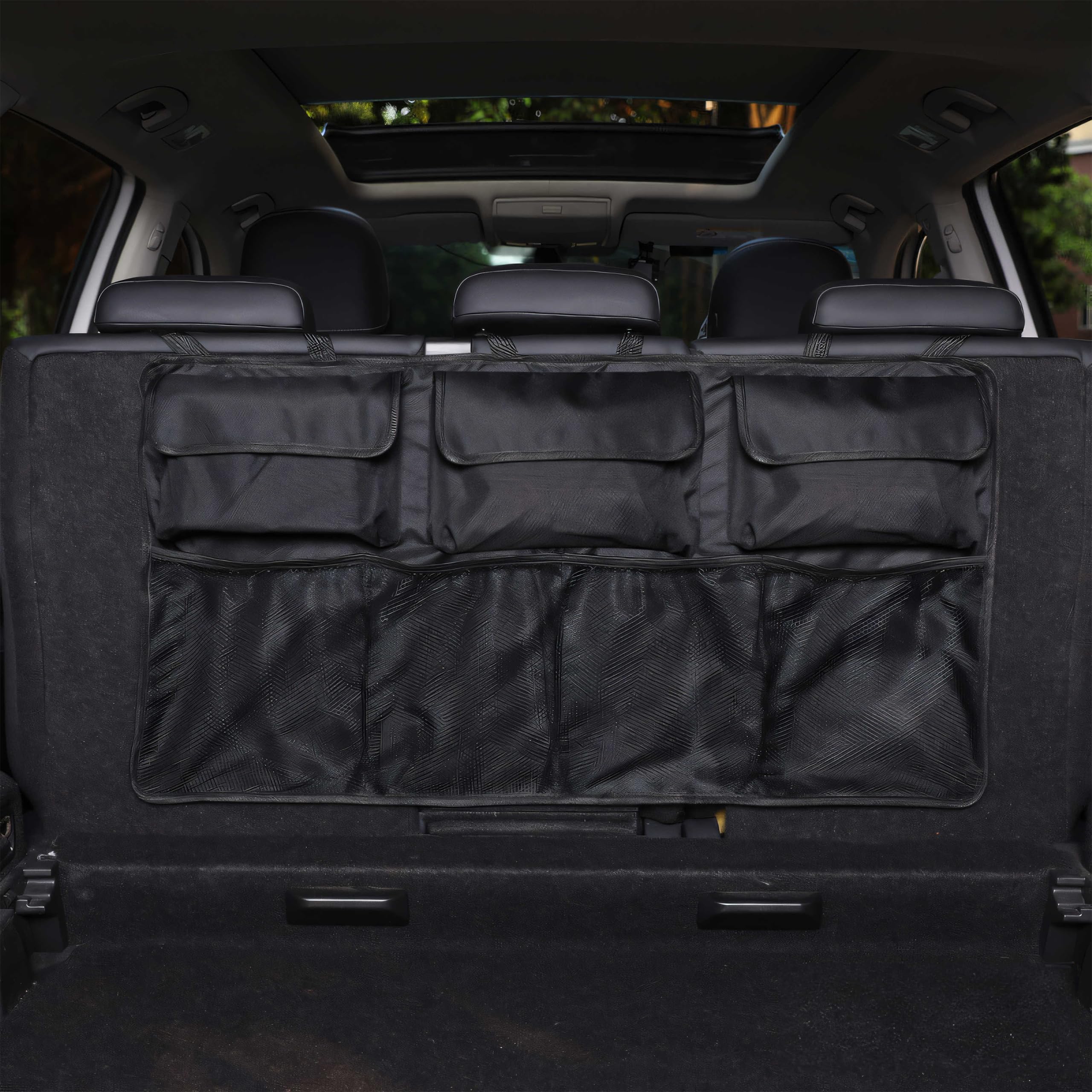 Retoo Organizator bagażnika samochodu, organizer fotela samochodowego, torba przechowywania, 89,5 x 35 cm, wiszący organizer tylne siedzenie, torba bagażnika z dzielonymi modułami, do SUV